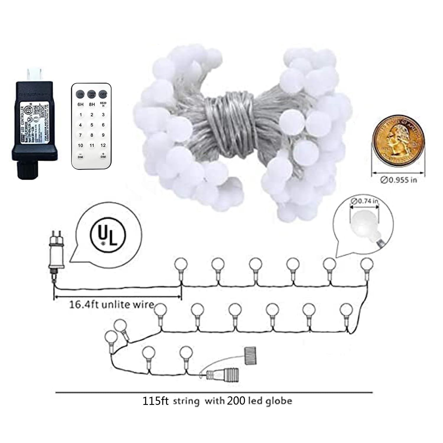 Bailongju Globe String Lights 115 Feet 200 Led,Plug In Fairy String Lights With Remote Timer Extendable, 8 Modes Indoor Outdoor