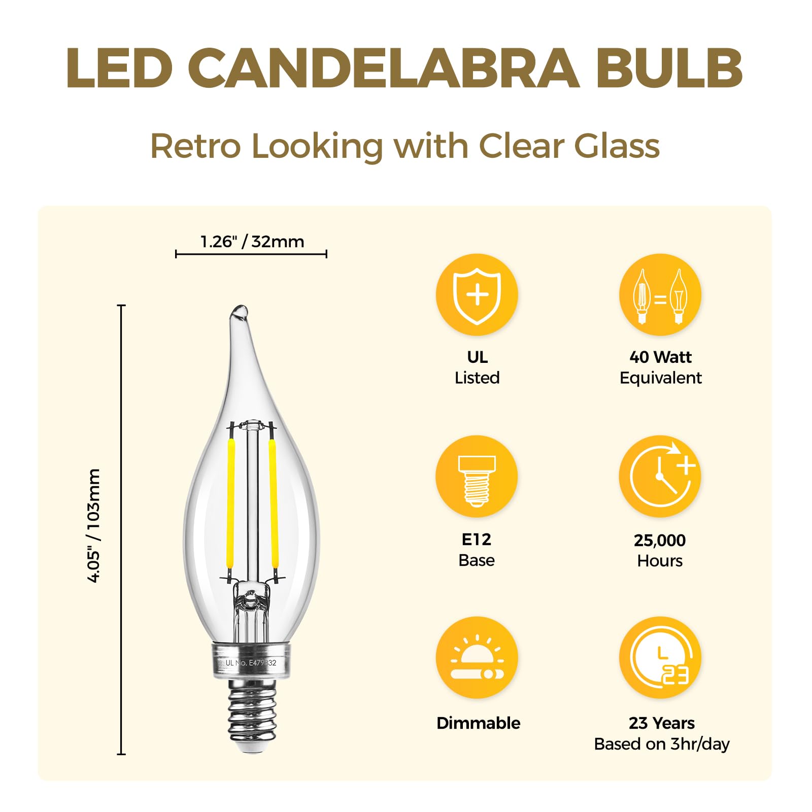 Hizashi E12 Candelabra Bulb 40 Watt, 90+ Cri Dimmable Candelabra Led Light Bulbs, 4W 450Lm 5000K Daylight White, E12 Bulb Flame