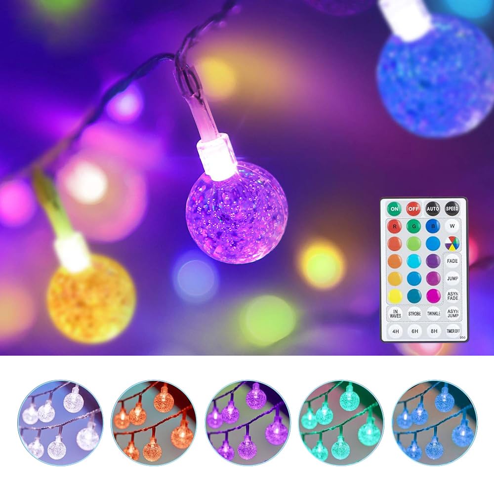 Coloured Globe String Lights Battery Operated,1 Pack 26.2FT 60 LED 16 Colour Changing Water Proof Crystal Ball Outdoor String Li