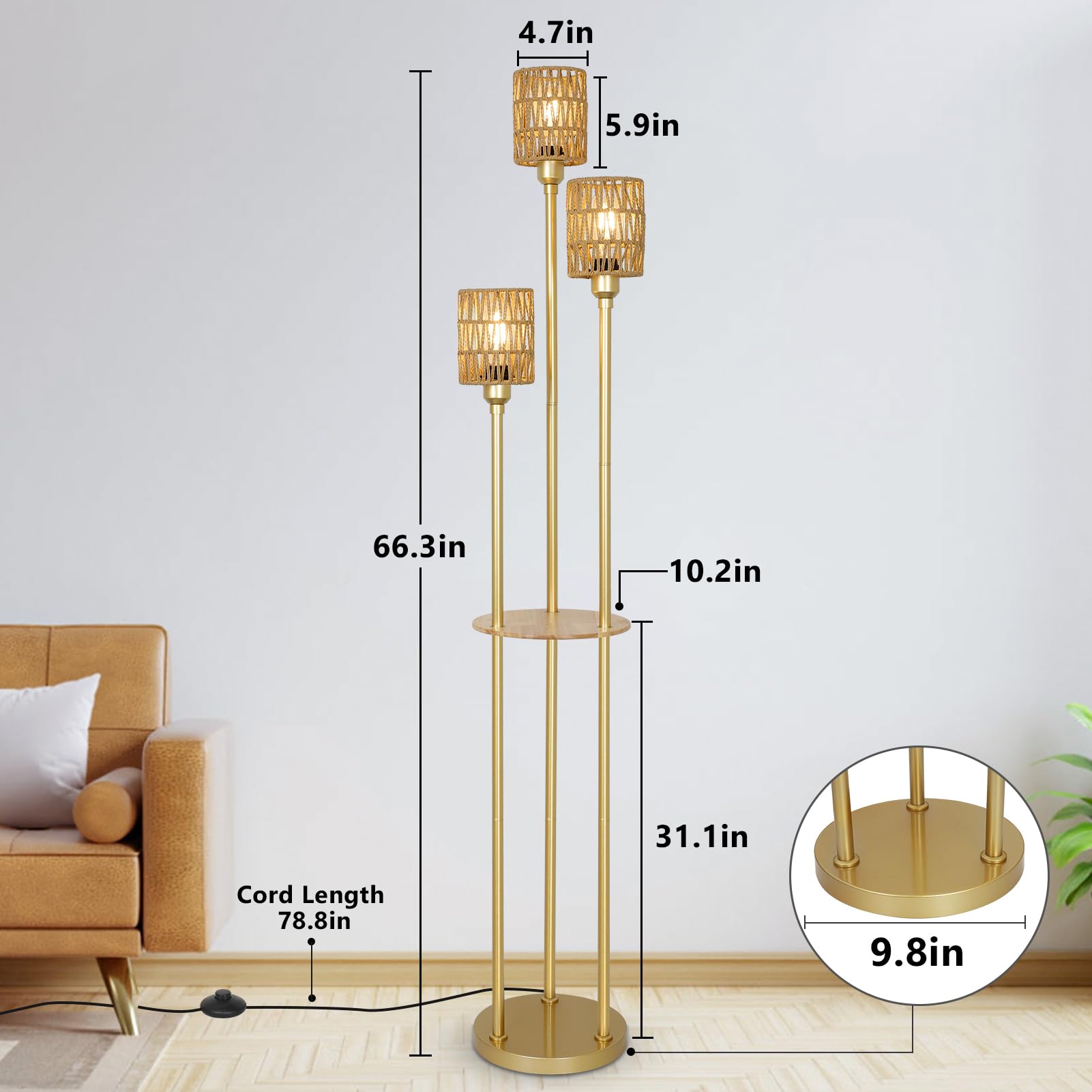 Stepeak Boho Floor Lamp With Shelves, 3-Lights Farmhouse Tall Floor Lamp With On/Off Foot Switch, Gold Modern Floor Lamps With R
