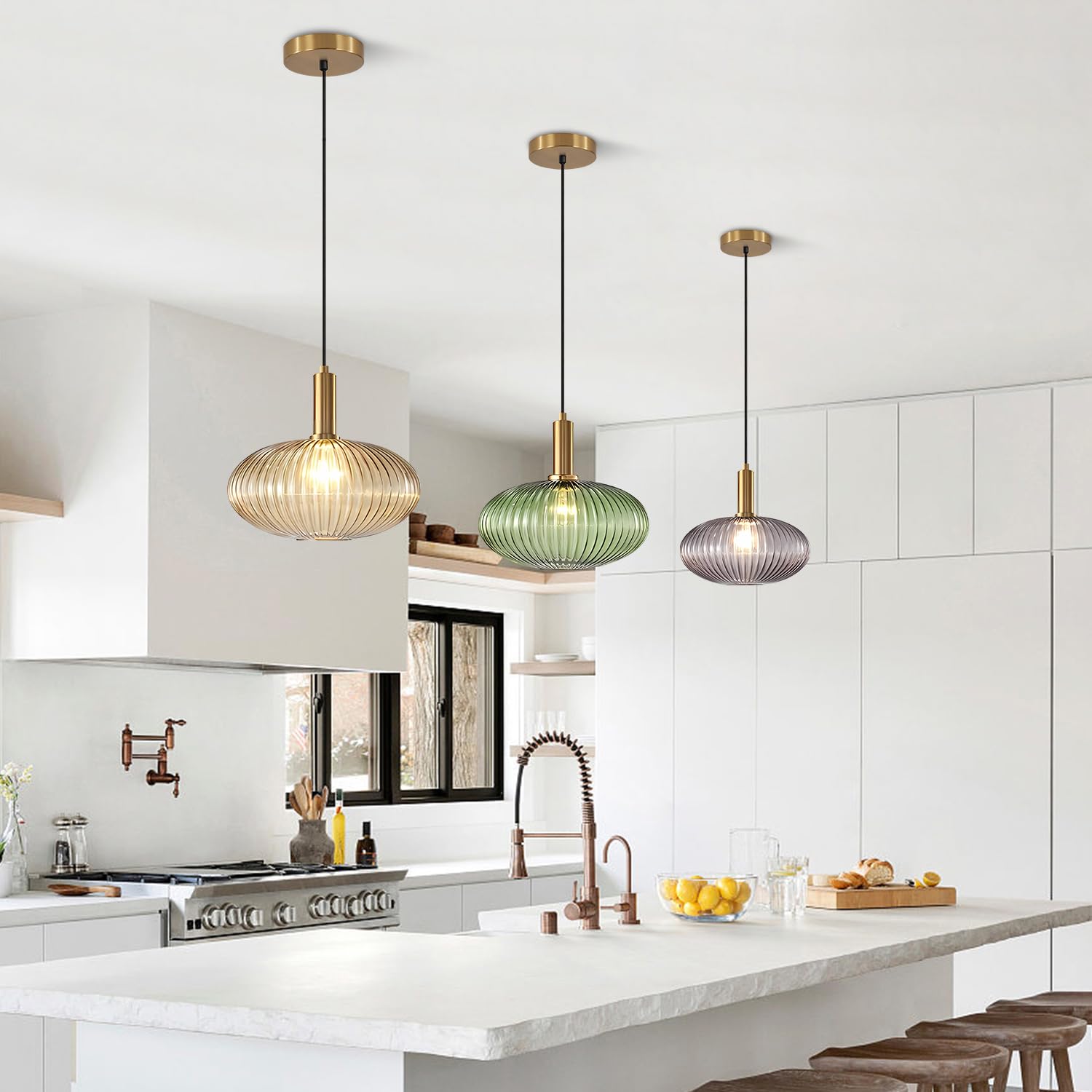 KCO Modern Gold Globe Pendant Lamp, 1-Light Antique Brass, Amber Glass, 30cm, Model L1143-A, Vintage Adjustable Ceiling Light