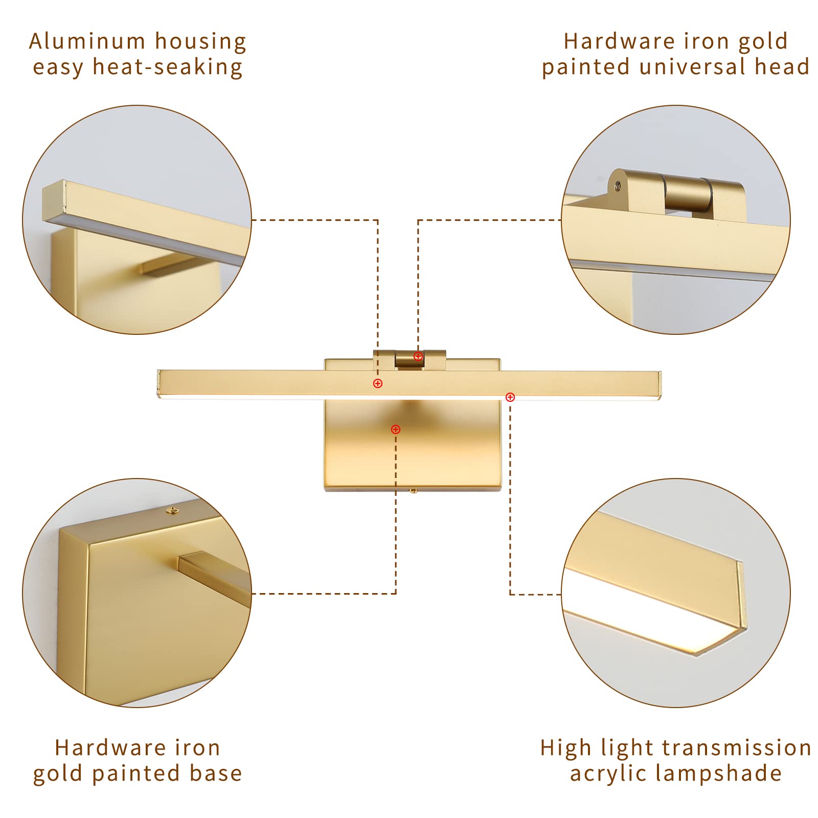 Joosenhouse Hard Wired Picture Light, 300 Lumens, Dimmable, 15.74in Long, Gold, Model 7520-400-D, Metal Wall Lamp for discomfort-reducingtings