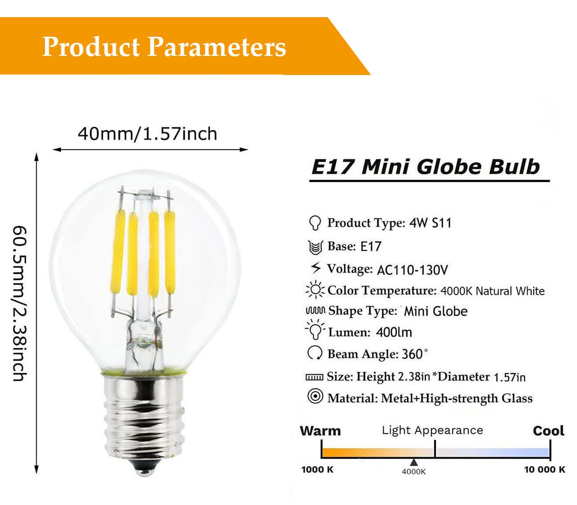 Greeogin 2-Pack E17 S11 LED Light Bulb, 4W Natural White 4000K, Glass Mini Globe Replacement for Desk Lamp, Cabinet, Closet