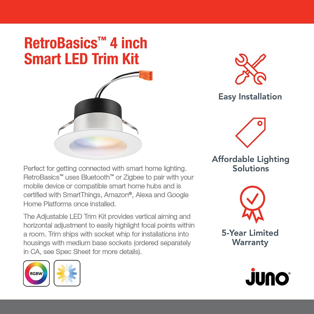 Juno Rb4Sc Rgbw Mw L/Sktwhip M6 Retrobasics Smart Recessed Led Trim Kit, Tunable White 2700K - 5000K, Rgbw Color Changing, Smoot