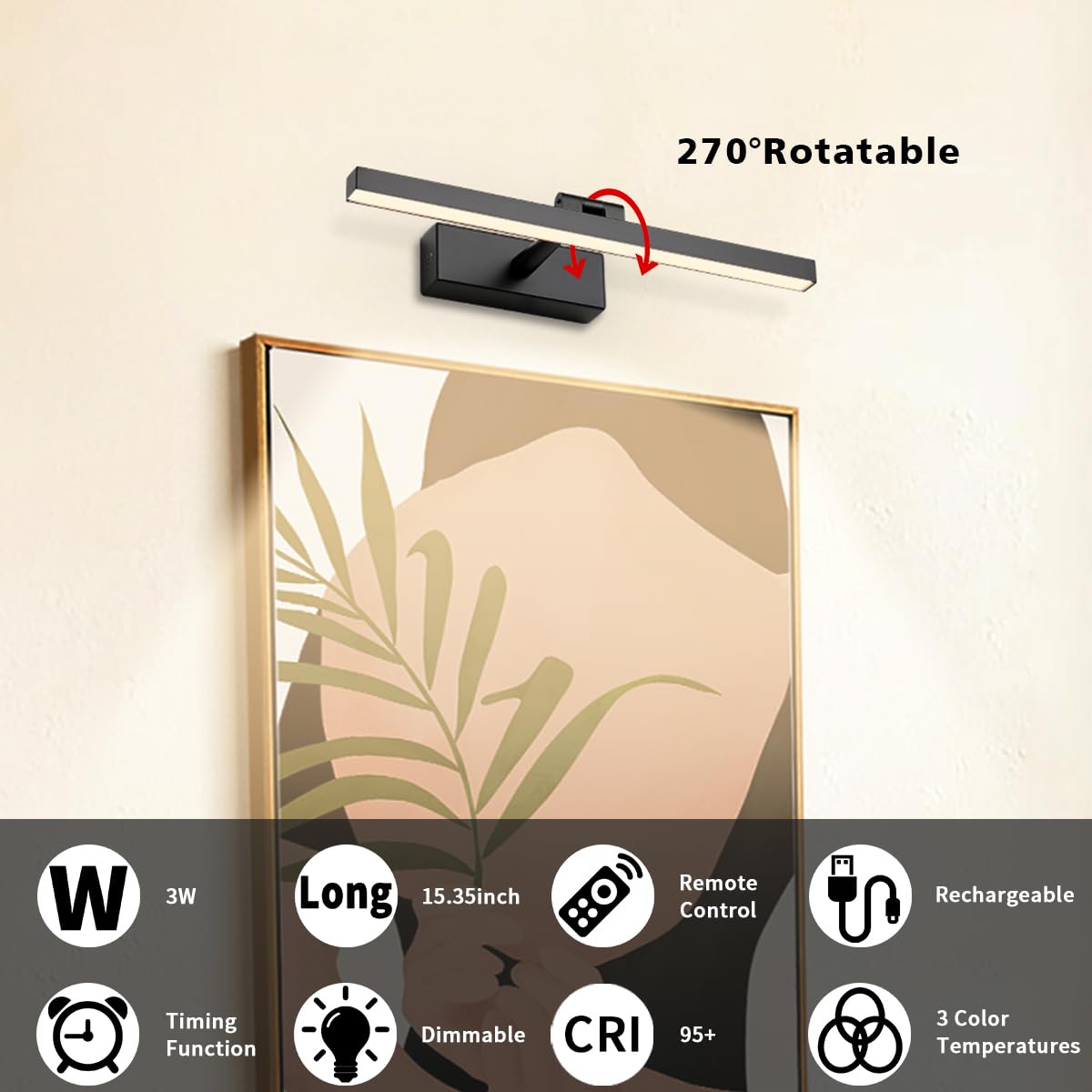 Joosenhouse Battery Operated Picture Light, Wireless Gallery Light with Remote Control, 23.23 Inch, Black, Model 7525