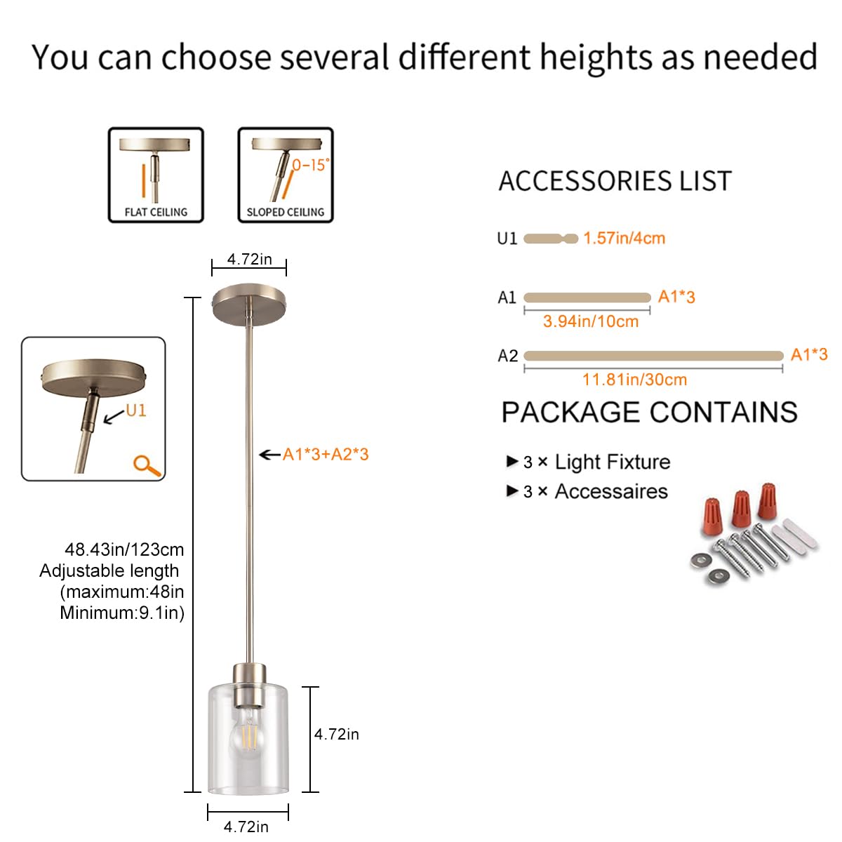 Klss Brushed Nickel Pendant Lights Kitchen Island - Clear Glass Pendant Light Fixture Multiple Stems Rods 3 Units 12 Inch 3 Unit