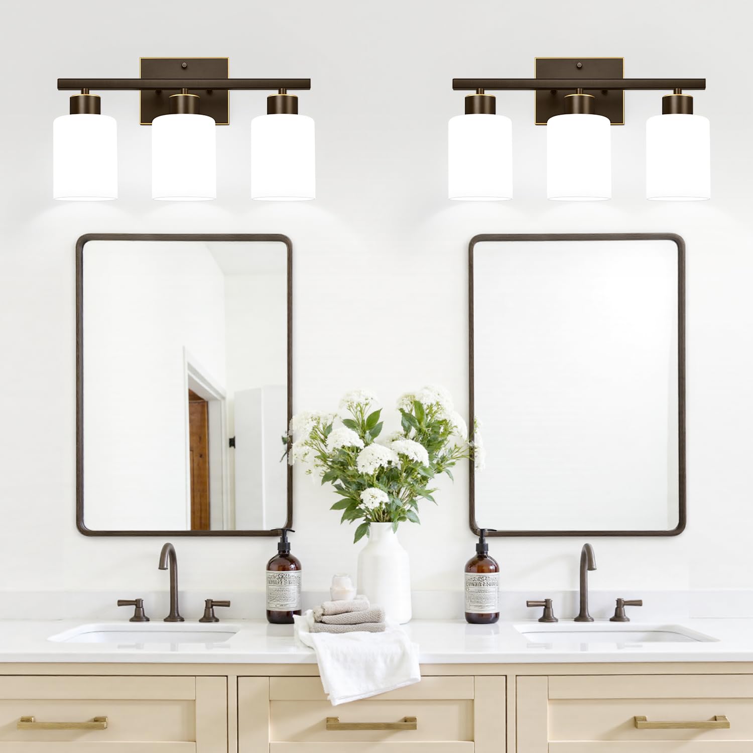 Meybiok 3-Light Bathroom Light Fixture, Brown and Gold Metal Vanity Light with Frosted Glass Shades, Model LTW069