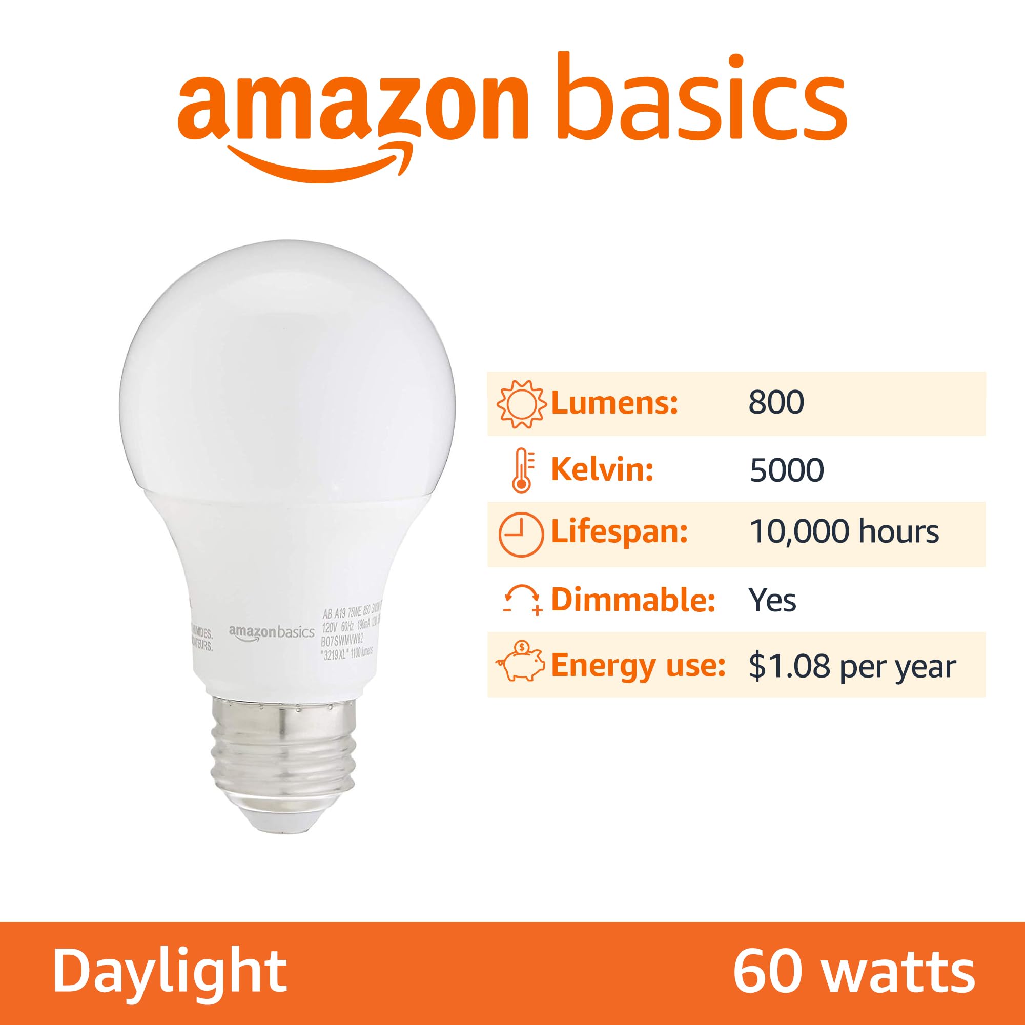 Amazon Basics A19 Led Light Bulbs, 60 Watt Equivalent, Energy Efficient 9W, E26 Standard Base, Daylight White 5000K, Dimmable, 1