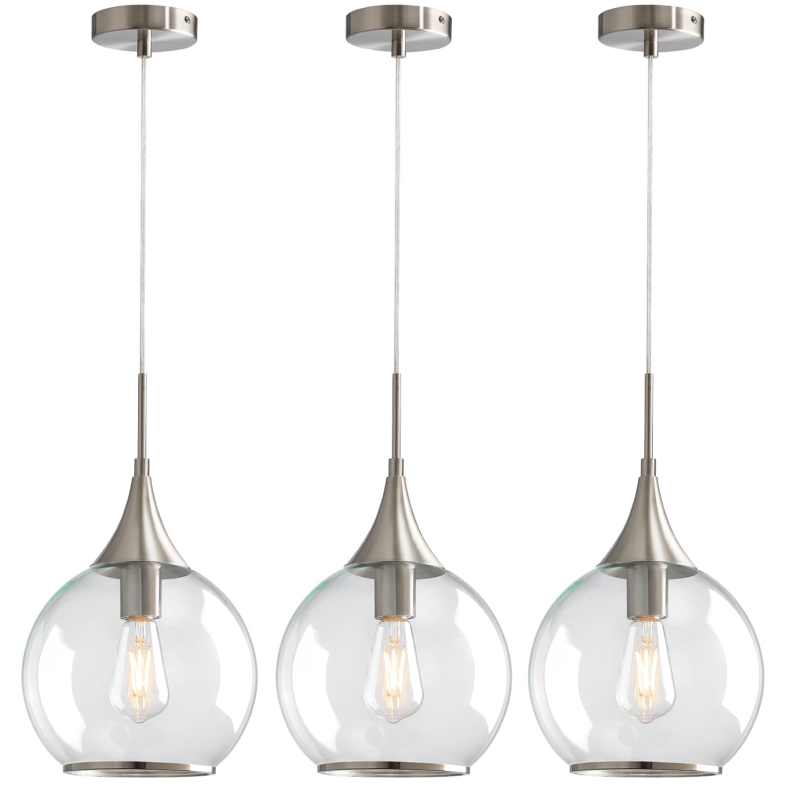 HAHZT Pendant Lights Kitchen Island: 3 Pack Brushed Nickel Light Fixture Modern with Clear Glass - 10 Inch Mid Century Globe Kit