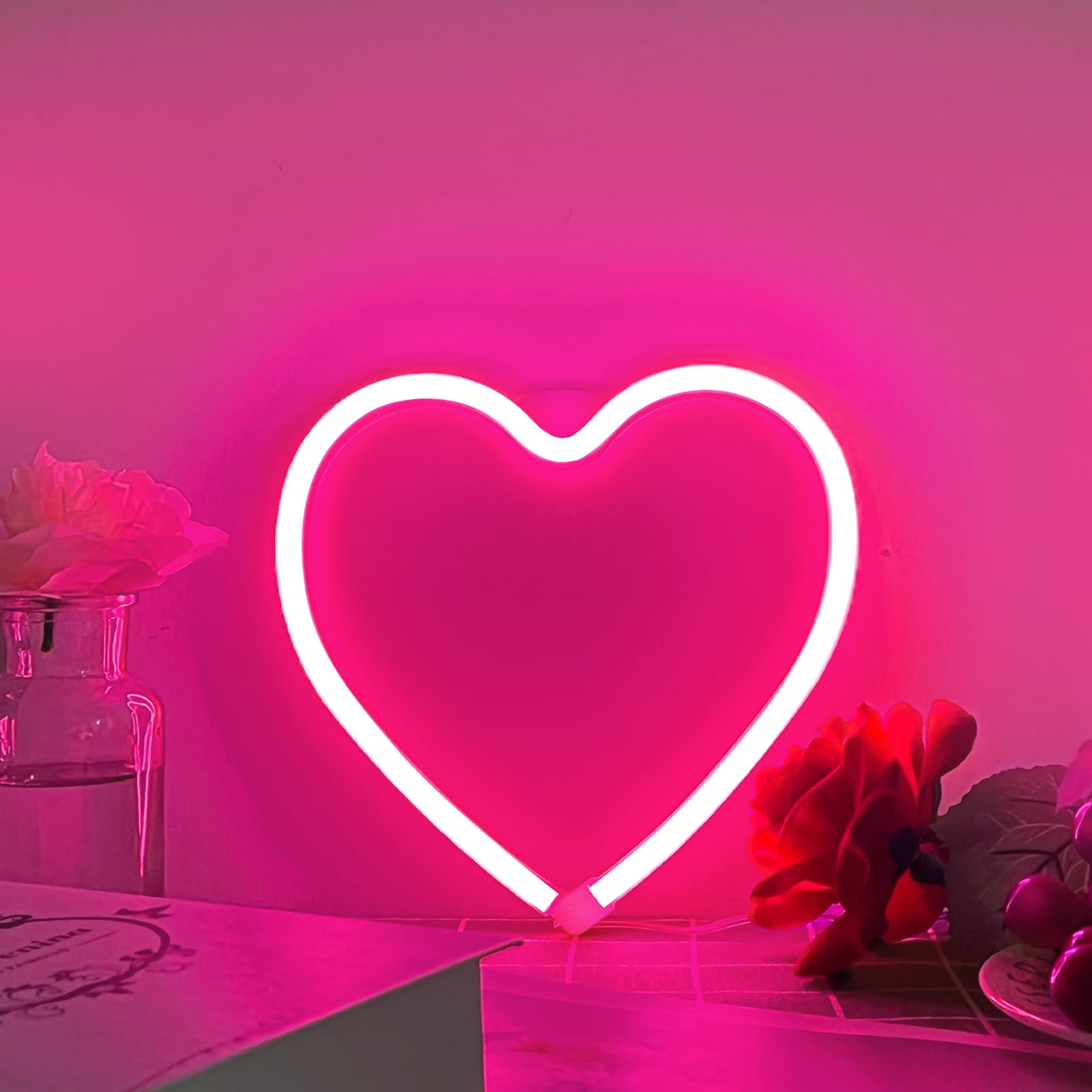 Pink Heart Neon Sign for Bedroom Decoration,Heart Led Light Sign 8.7×8.7 Inch Battery/USB Powered Romantic Love Heart Neon Light Lamp for Wall Decor Art Kids Girl Room Wedding Party Valentine's Day