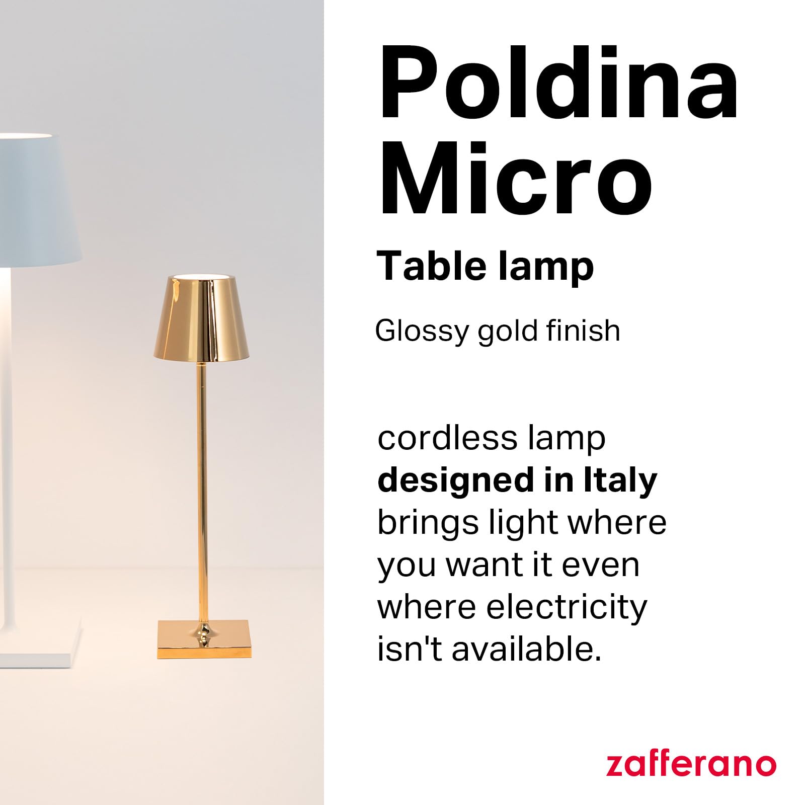 Zafferano, Poldina Micro Lamp With Glossy Gold Finish, Rechargeable Cordless Table Lamp With Touch Controls, Usable As An Indoor