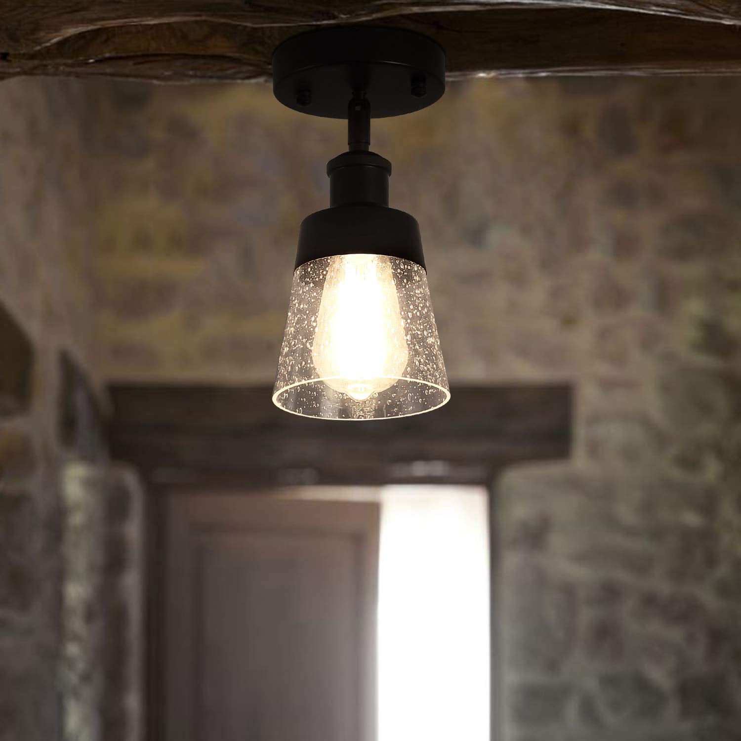 Fivess Lighting Industrial Glass Semi Flush Mount Ceiling Light, Black, 9.45x4.72x4.72 inches, Metal, Model fss3205