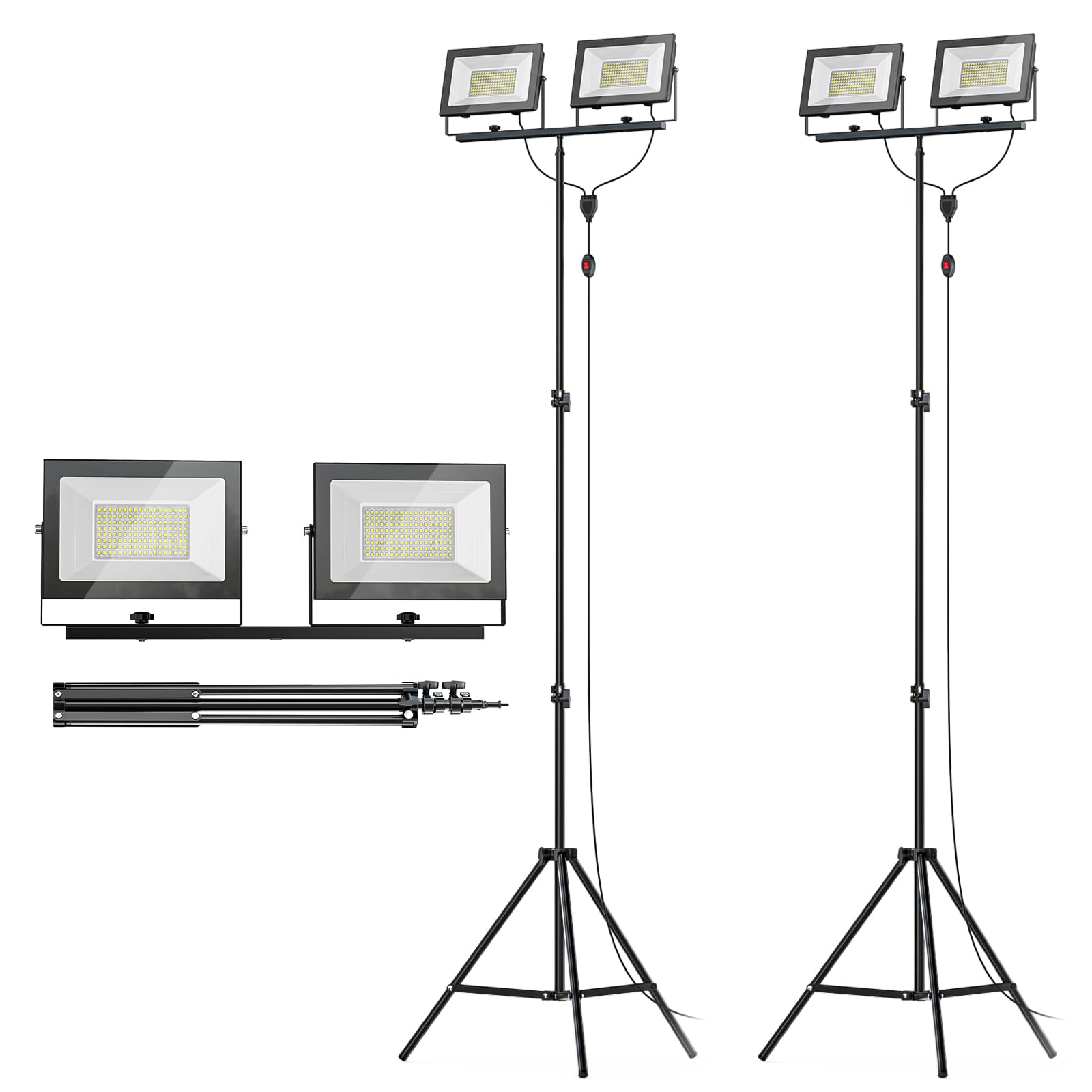 Livowalny 22000 Lm Led Work Light With Stand Pack Of 2  220W 2 Adjustable Head Tower Light With 13Ft Cord  Portable Ip65Waterproof Tripod Flood Light For Job Site Workshop Garage Construction Lighting