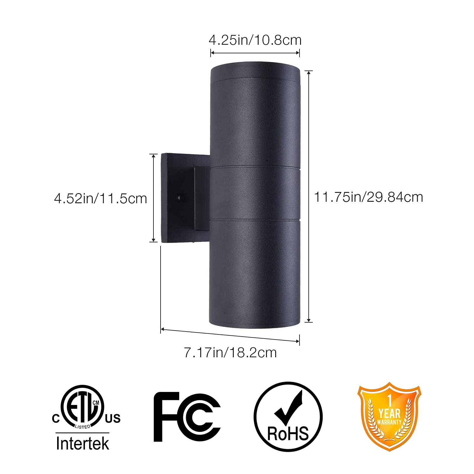 mirrea Modern Outdoor Porch Light, 2 Lights, Matte Black Aluminum, Waterproof Wall Sconce, Model B12A108, 4 Pack