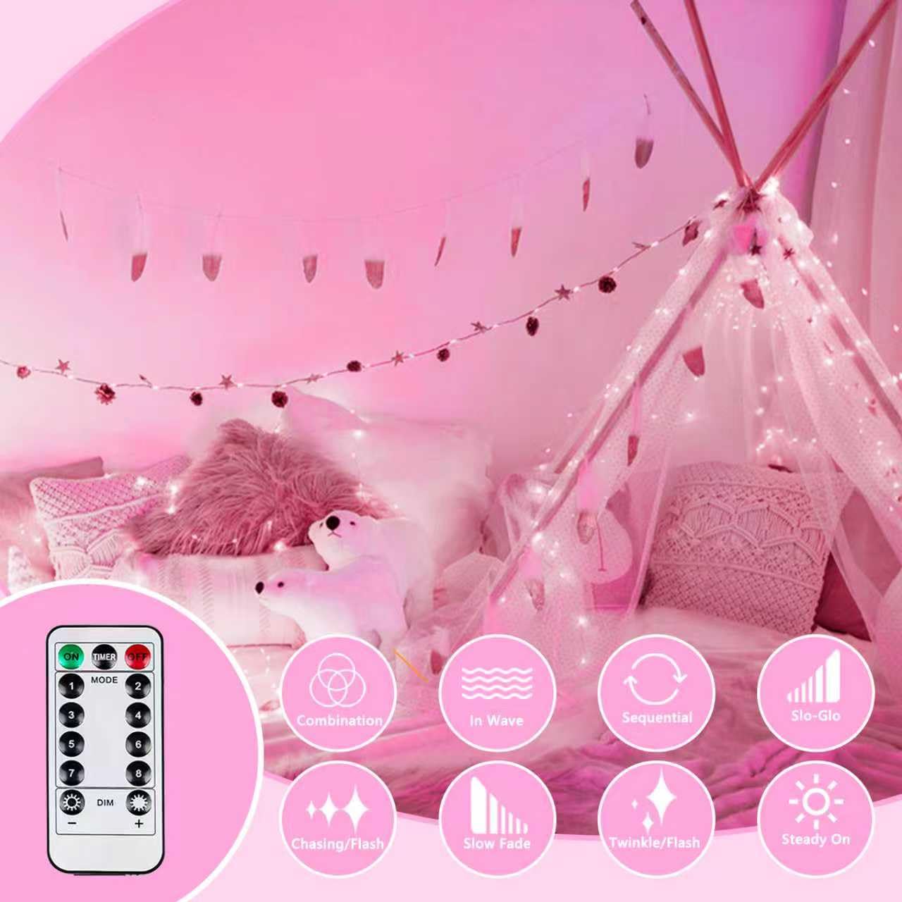 KAQ 4Pack Fairy Lights 240LED Battery Operated with Remote & Timer, Pink, Waterproof for Indoor Outdoor Use