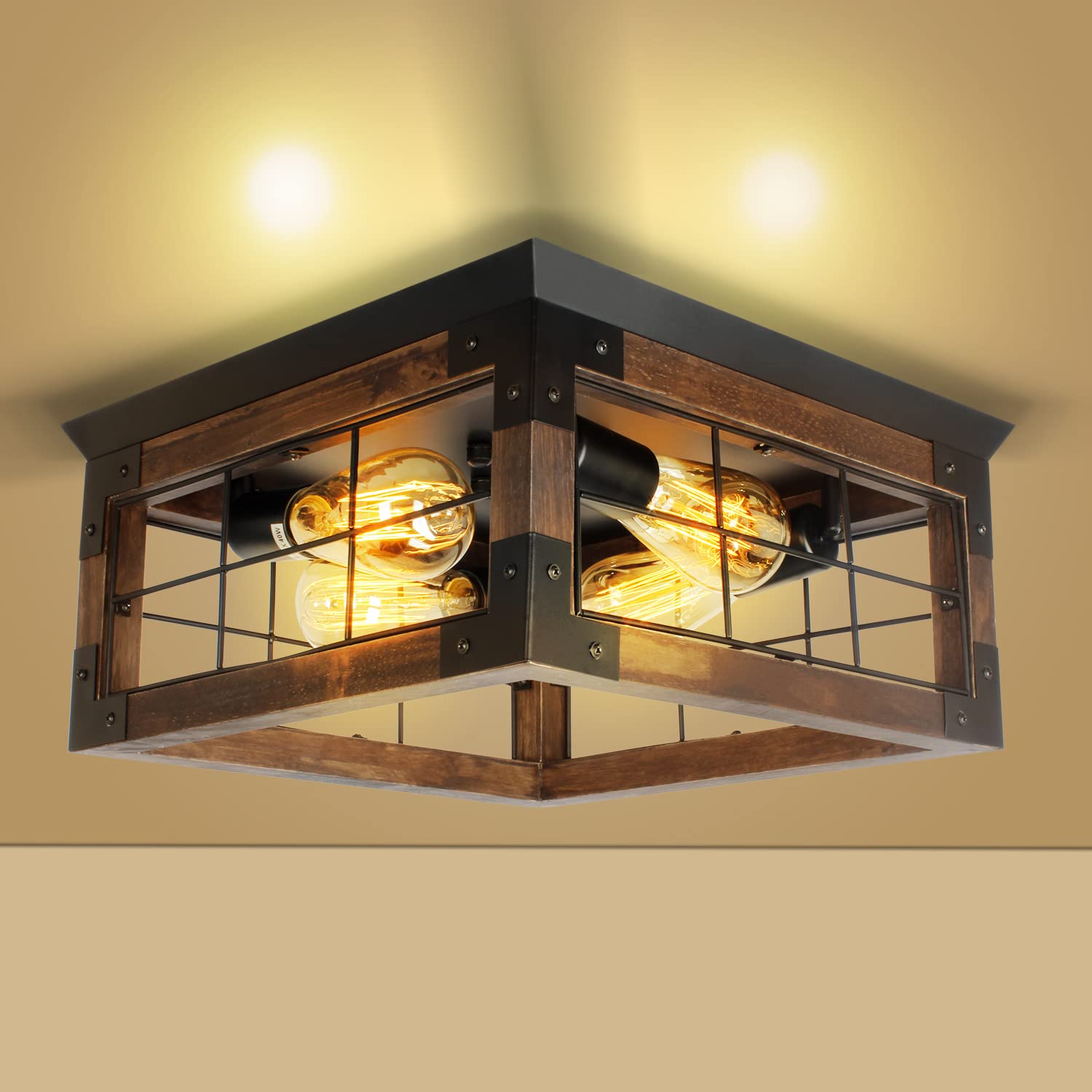 Farmhouse Flush Mount Ceiling Light Fixture, 4-Lights Rustic Wood Square Ceiling Light Farmhouse Light Fixture for Dining Room K
