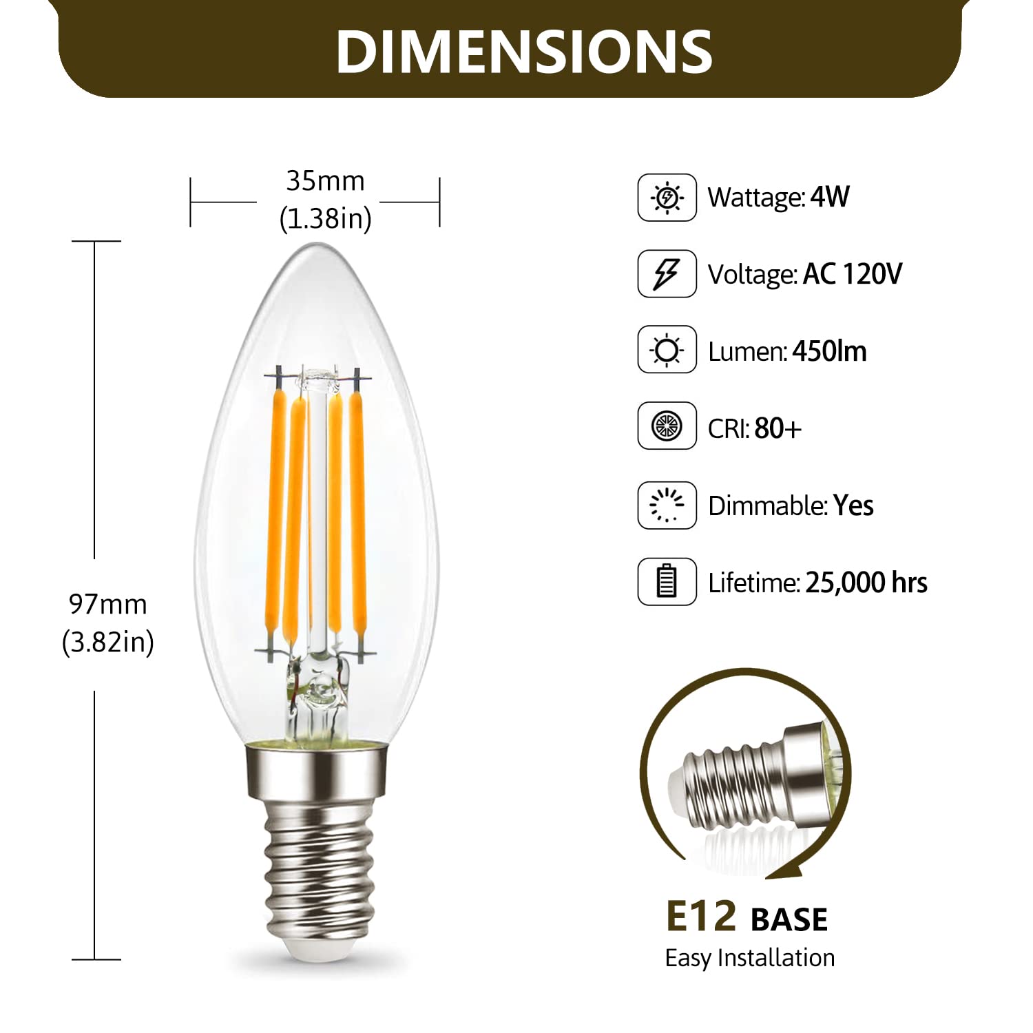 Yimilite B11 E12 Led Candelabra Bulbs 4W(40 Watt Equivalent) 2700K Warm White 450Lm Dimmable C35 Led Filament Chandelier Light B