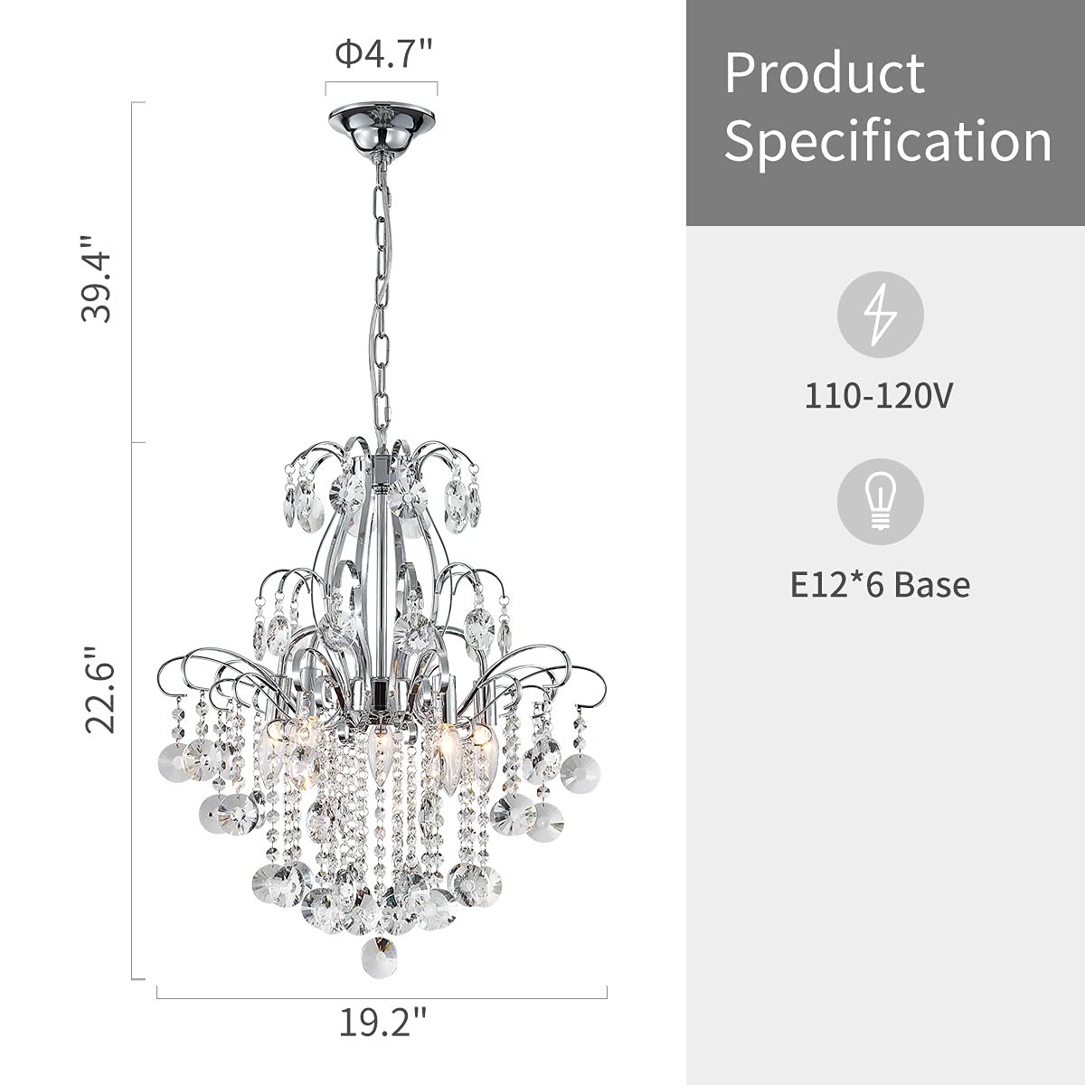 Wuzups 5-Light Crystal Chandelier Pendant Light, Modern Chrome Fixture For Bedroom & Kitchen
