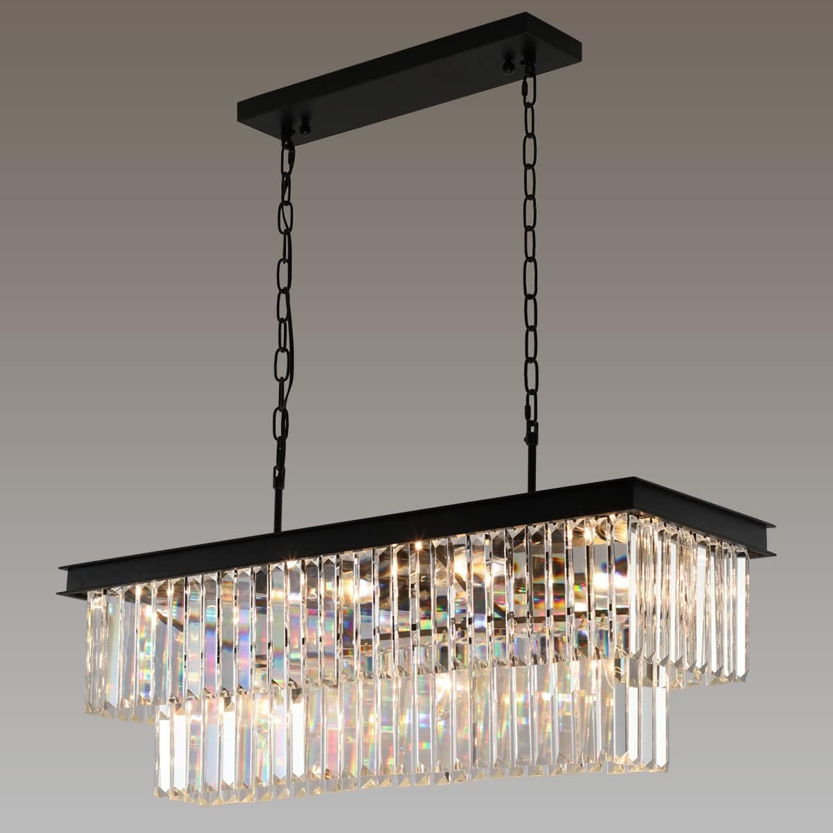 Weesalife 11-Light Black Crystal Chandelier for Dining Room, 33.5in Rectangle Pendant Light Fixture, Metal