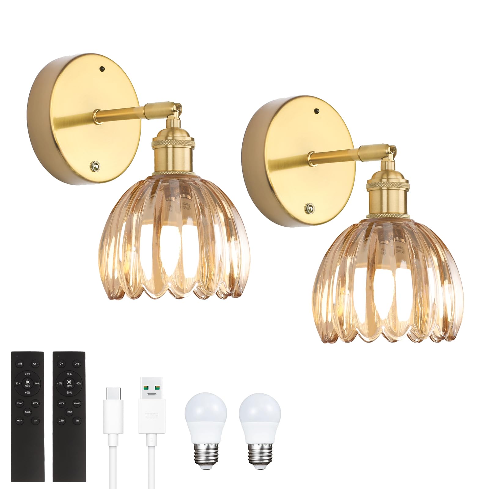 Shenmoyl Battery Operated Vintage Wall Sconces with Amber Tulip Glass Lampshade Battery Powered Wall Lighting for Bedside Bedroom Doorway  Set of 2