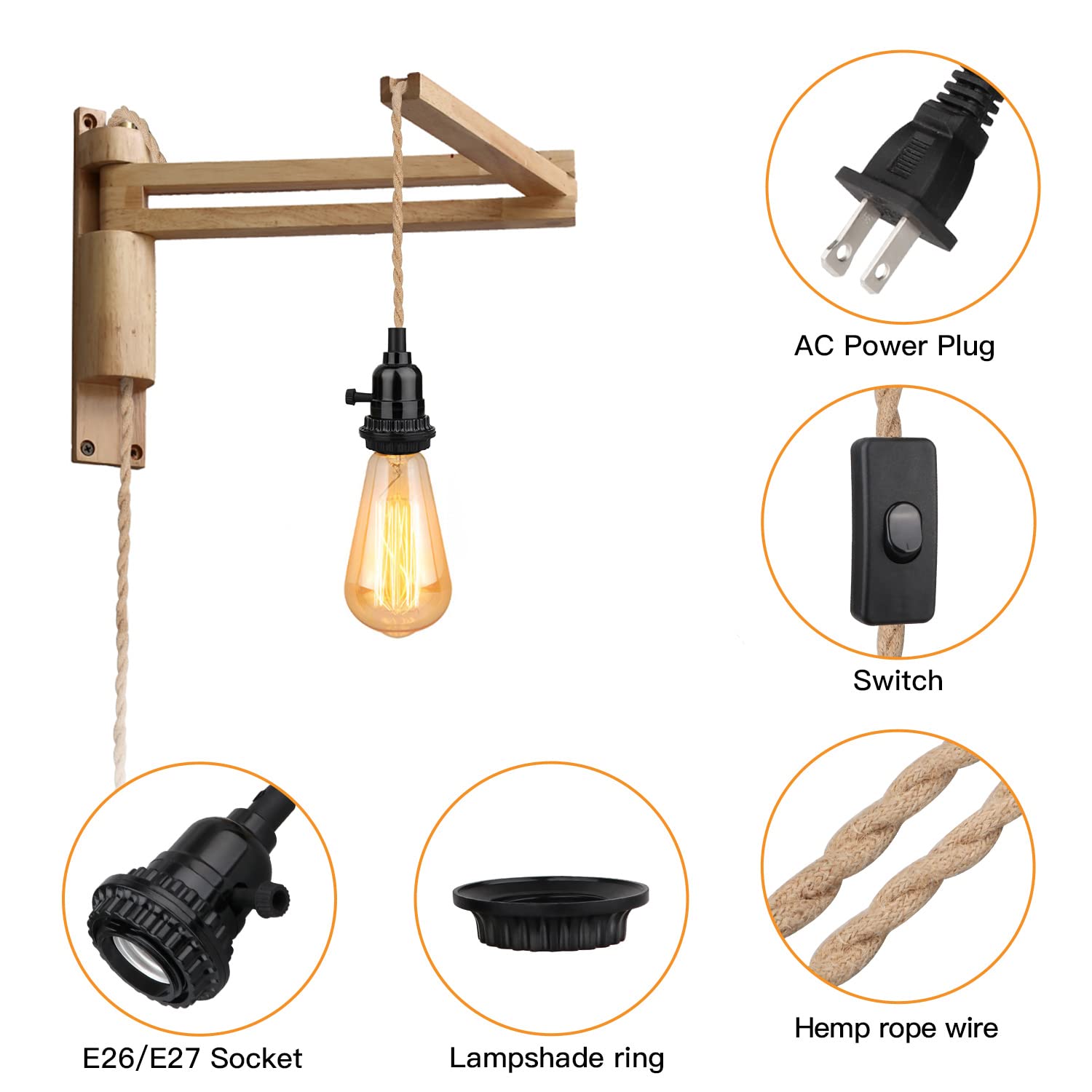 Zevnico Pendant Light Kit E26, 16.5FT Twisted Hemp Rope Hanging Light with Plug-in Cord & Switch, Vintage Farmhouse Industrial Decor
