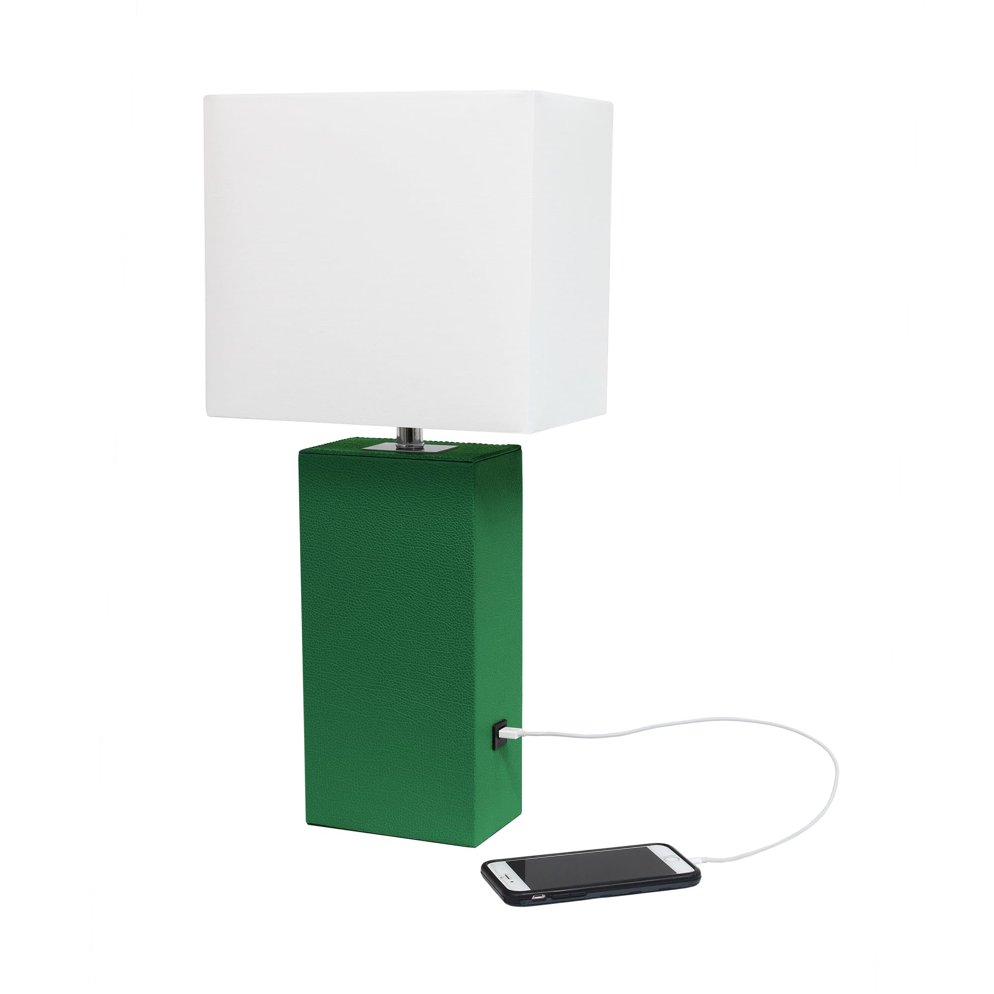 Elegant Designs Lt1053-Grn Modern Leather Usb And White Fabric Shade Table Lamp, Green (Pack Of 1)