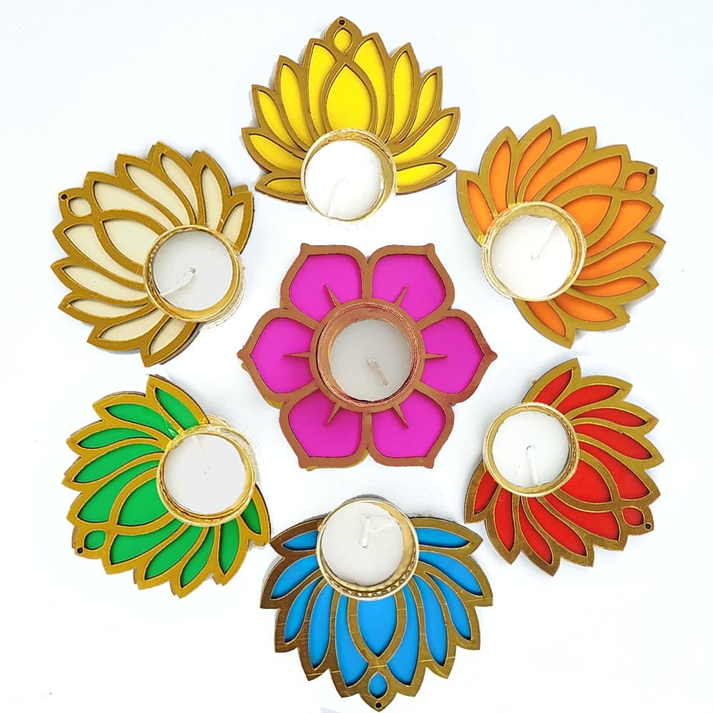 Gift Jaipur Wooden Multicolor Mix Lotus Diya Rangoli Set of 7 Candles with Wax | Reusable Deepak for Home Temple Decorations on