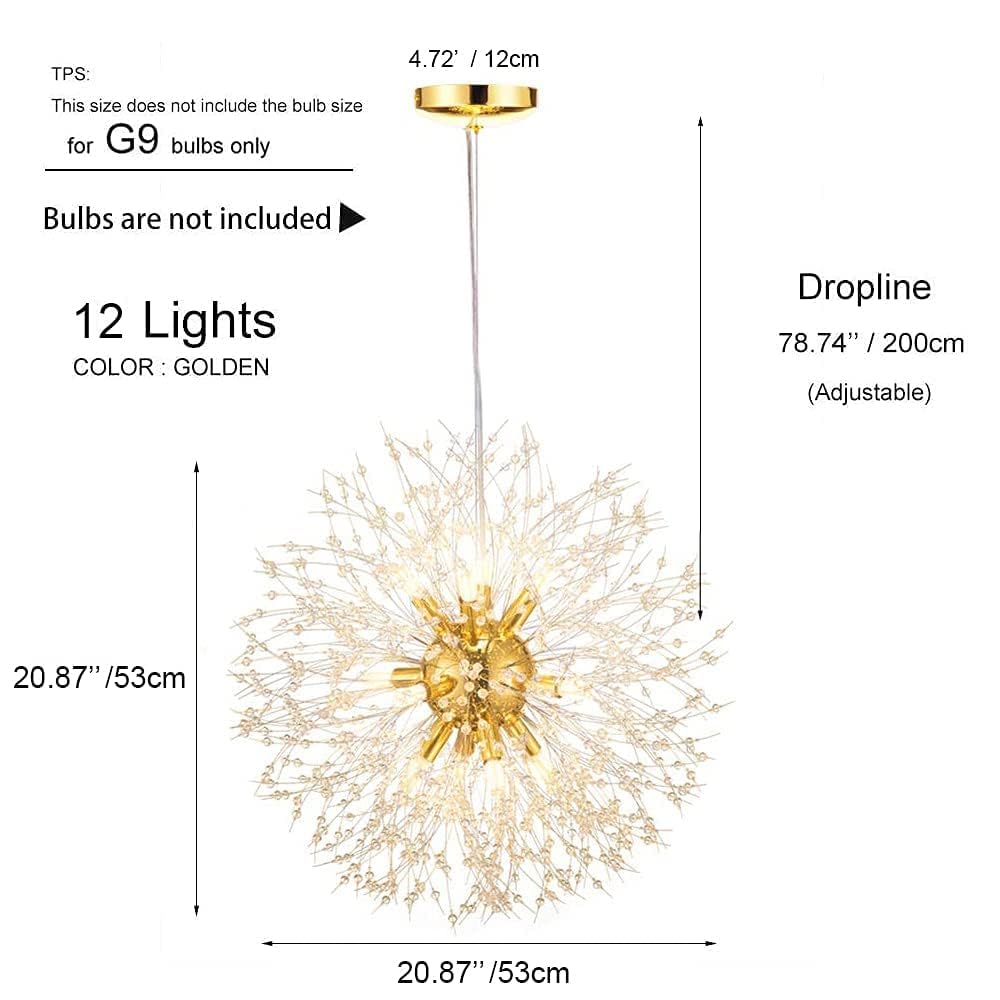 Vikaey Modern Dandelion Firework Chandelier, Gold Dining Room Chandelier, Crystal Hanging Pendant Lighting Fixture For Living Room, Bathroom, Bedroom, Entryway, 12-Light