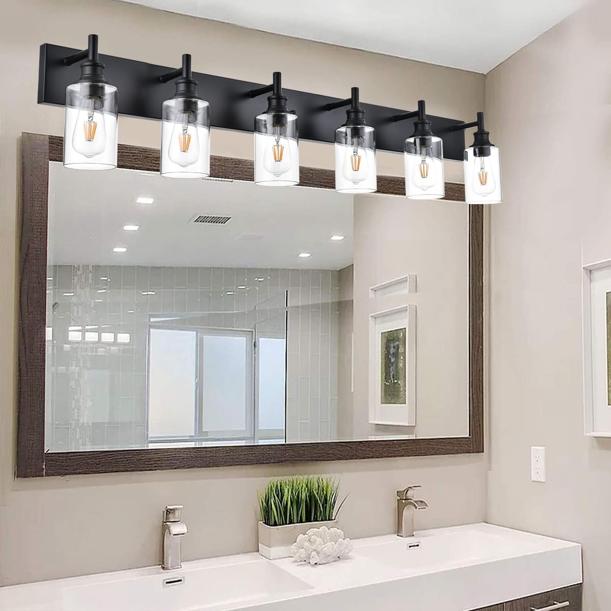 Wanluce 6-Light Black Iron Bathroom Vanity Lights with Clear Glass Shades, Farmhouse Wall Sconces for Bedroom and Living Room, Model 16111-6W-BL
