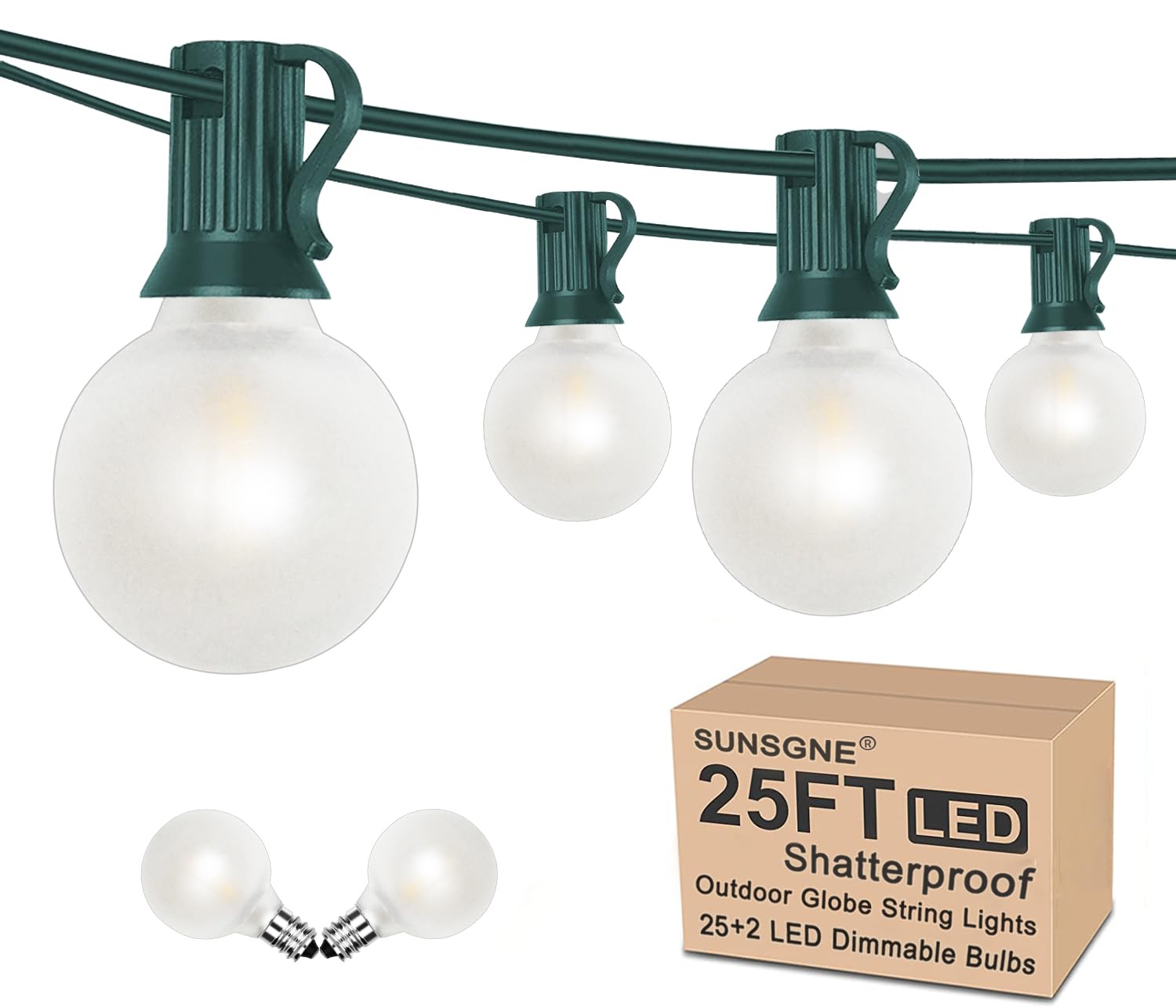 25Ft Globe Christmas Lights Outdoor, G40 LED Round Christmas Lights with 27 LED Frosted White Lights(2 Spare), Outdoor Christmas