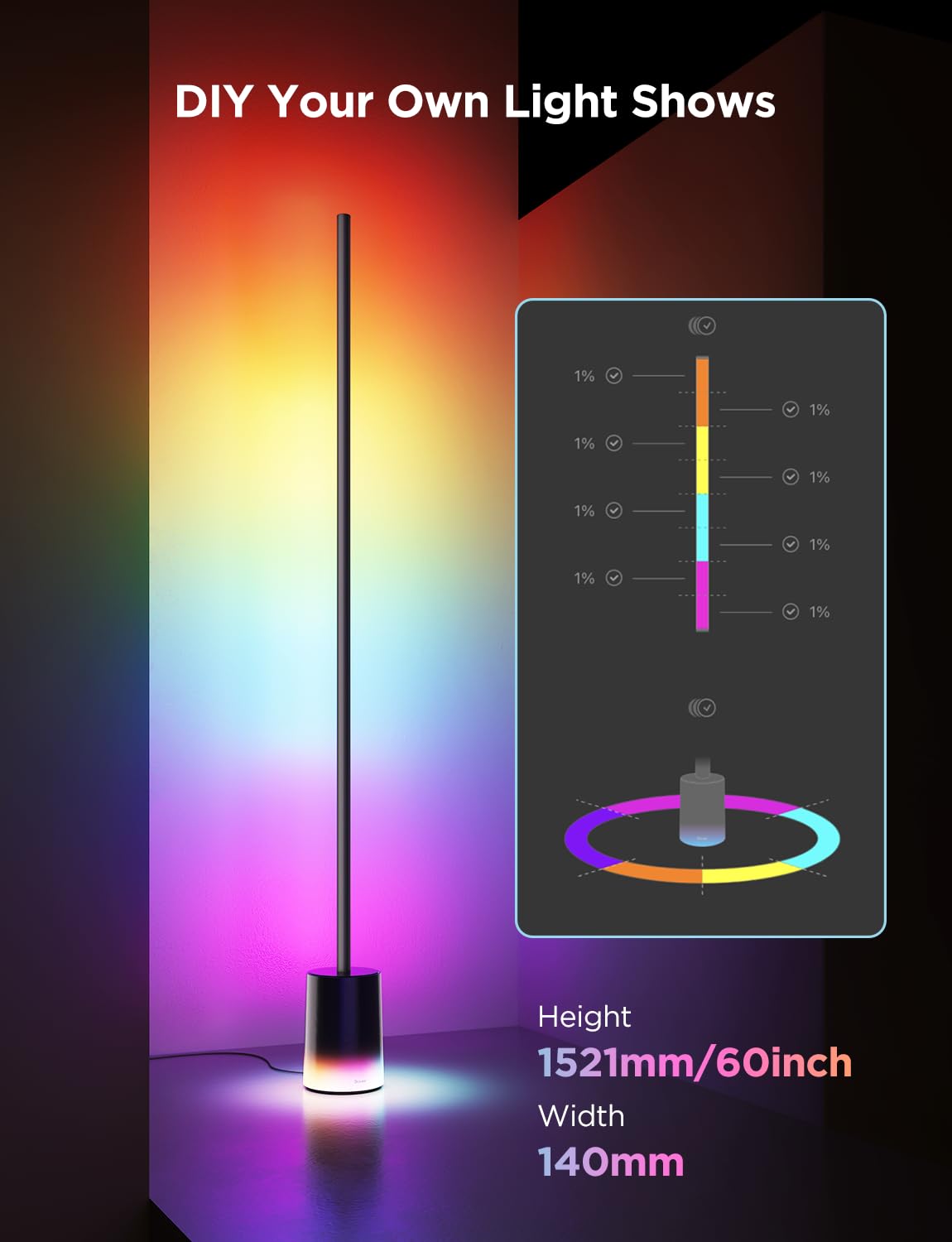 Govee Smart Floor Lamp 2, RGBIC LED, 1725lm, Alexa Compatible, Black, Model H607C