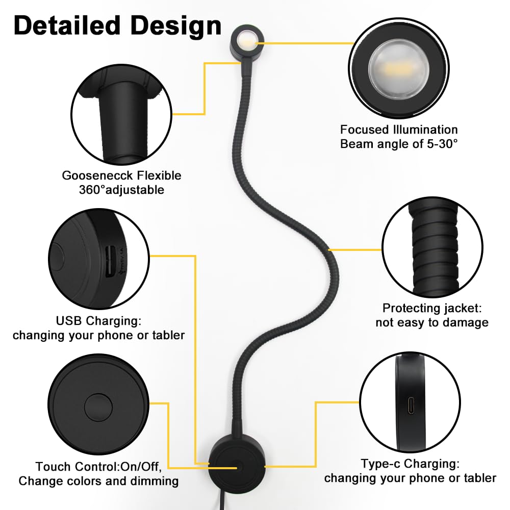 VST Bedside Wall Mounted Reading Lights - 2 Pack, Black-Round, Touch Brightness Control, USB/Type-C Charging, ETL-Listed