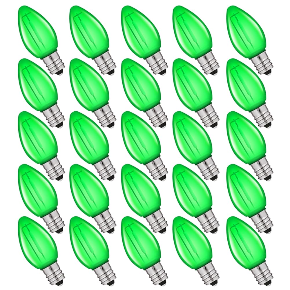 Neteha 25 Pack C7 Green Led Replacement Christmas Light Bulb, C7 E12 Base 120V Waterproof Led Bulbs For Christmas Outdoor String