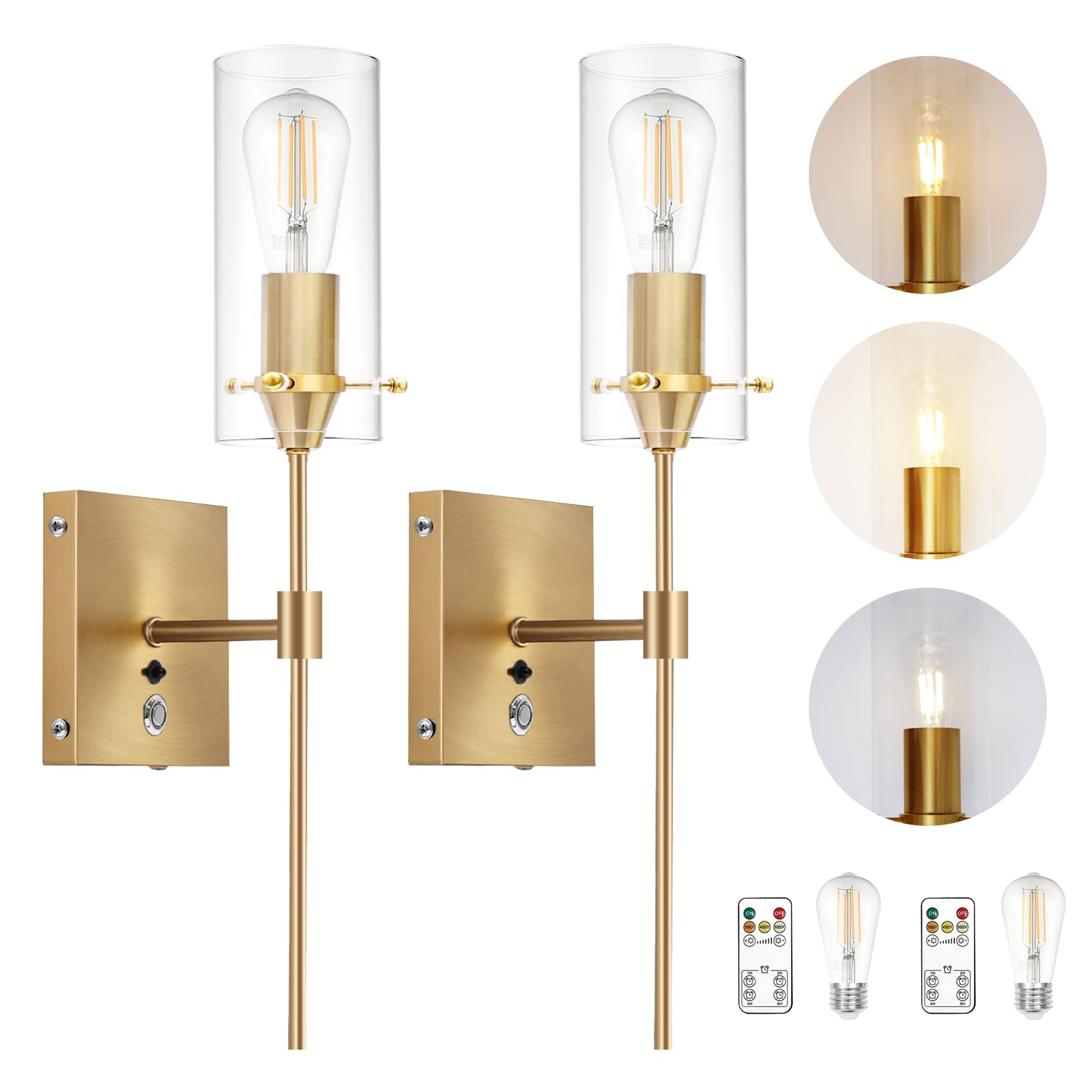 Aibisod Battery Operated Wall Sconce Set Of 2 With Remote, Rechargeable Wall Lights Includes 3-Color Bulb, 10000Ma Wireless Wall