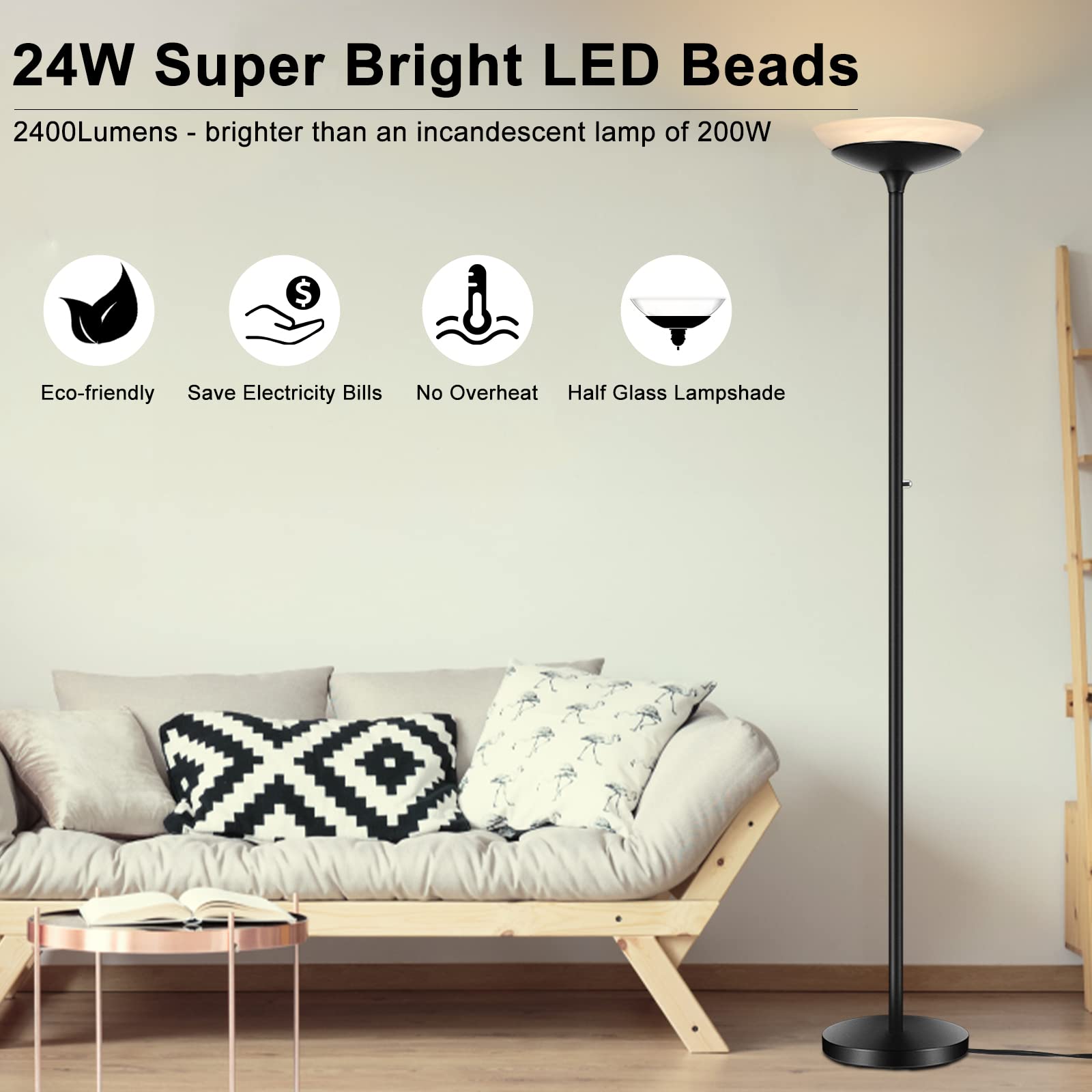 Boostarea Torchiere Floor Lamp, 30W Super Bright Led Standing Lamp, Stepless Dimmable Pole Lamp With 3000K Lighting, Rotary Swit
