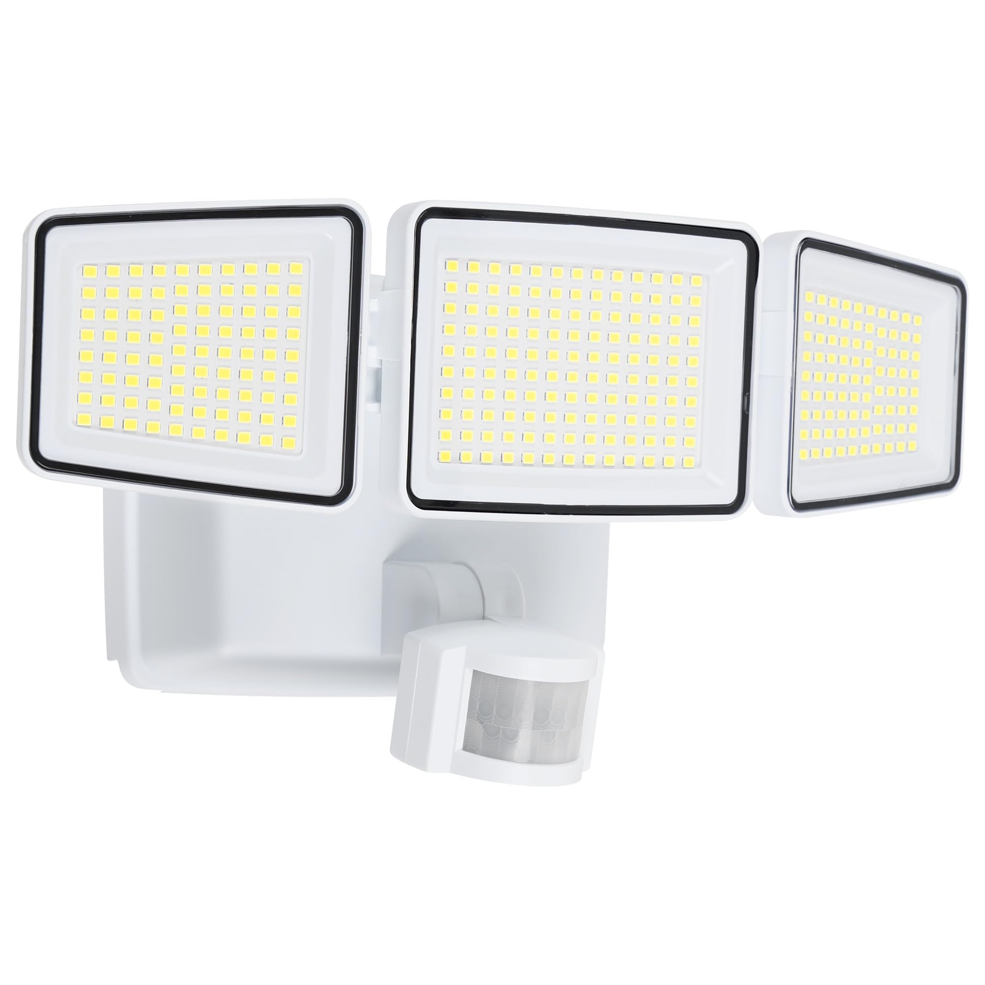 UME Battery Powered Motion Sensor Outdoor Lights 302 LED 1800LM  IP65 Waterproof Battery Operated Flood Lights Outdoor  3 Heads Security Motion Light with 3 Modes for Garden Patio Yard (White)
