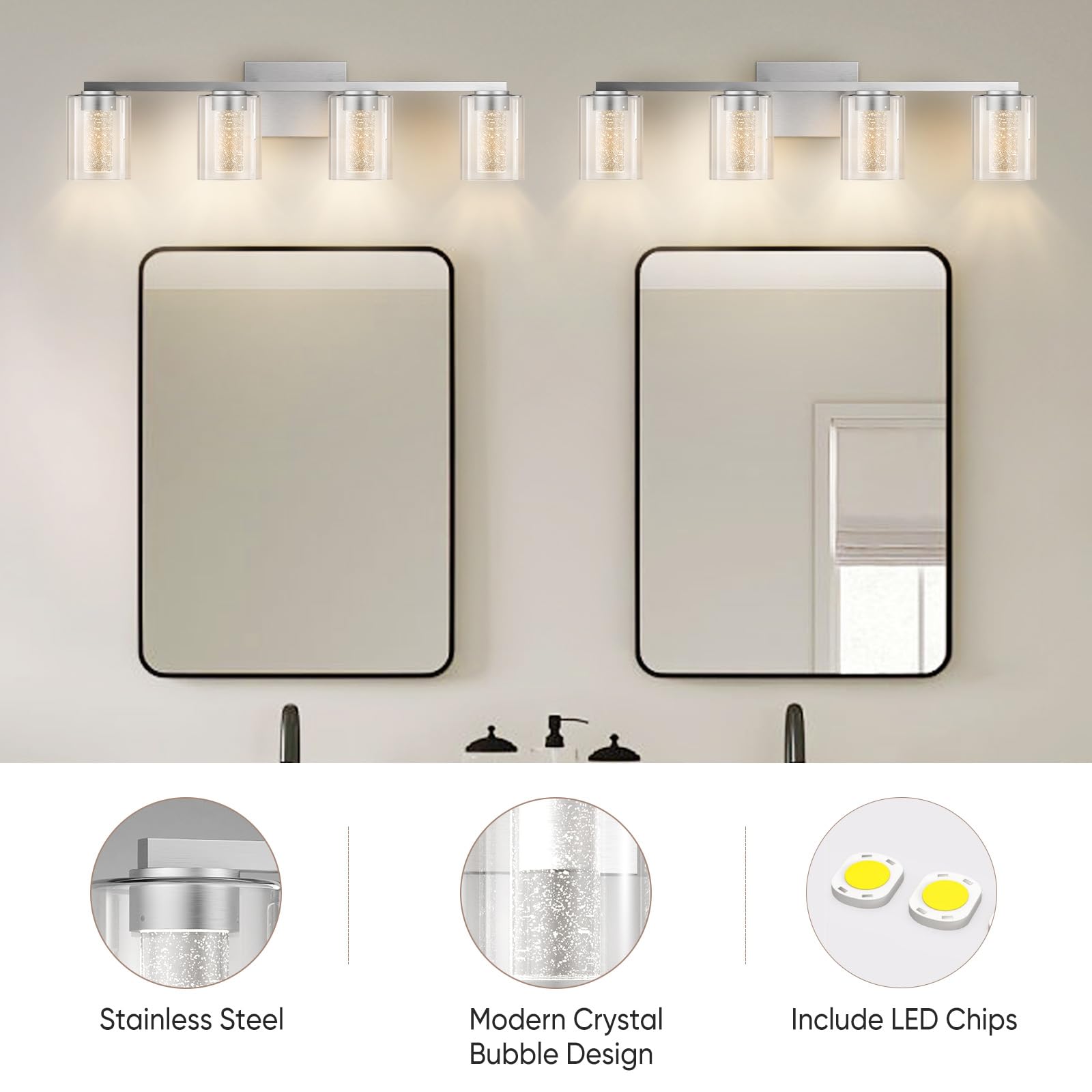 Led Modern Bathroom Light Fixtures Over Mirror, 4-Light Brushed Nickel Vanity Lights With 5 Color Modes, Dimmable Bathroom Vanit