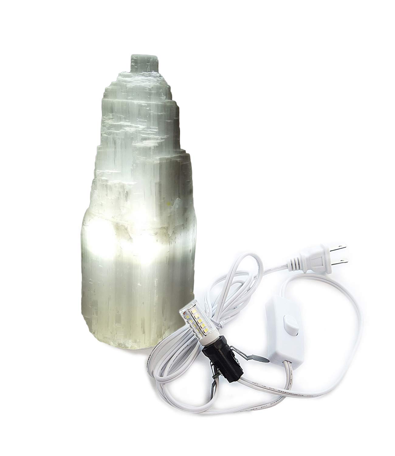 AMOYSTONE Selenite Crystal Lamp - 8in Tower, White Gemstones, Includes LED Bulb, Healing Lights