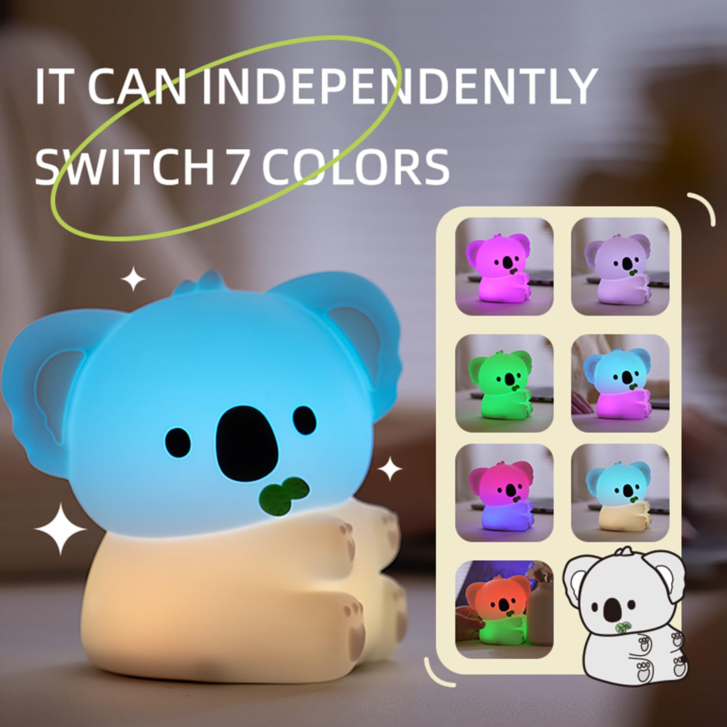 Myratts Koala Night Light, 7 Colors Dimmable Bedside Lamp, Touch Control Night Lamp with Timer for Kids Adults, Used for Camping