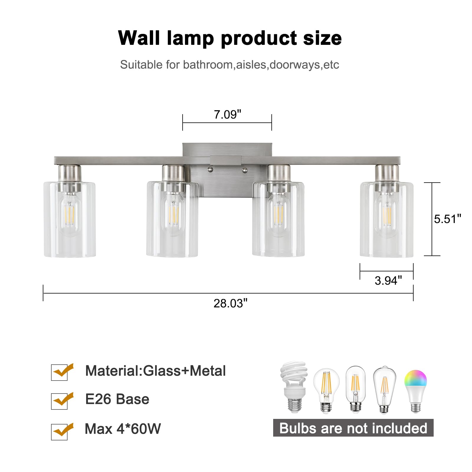 Sopeas 4 Light Bathroom Light Fixtures  Brushed Nickel Modern Bathroom Vanity Light With Clear Glass Shade  Bathroom Lighting Fixtures Over Mirror  Vanity Lights For Bathroom Mirror