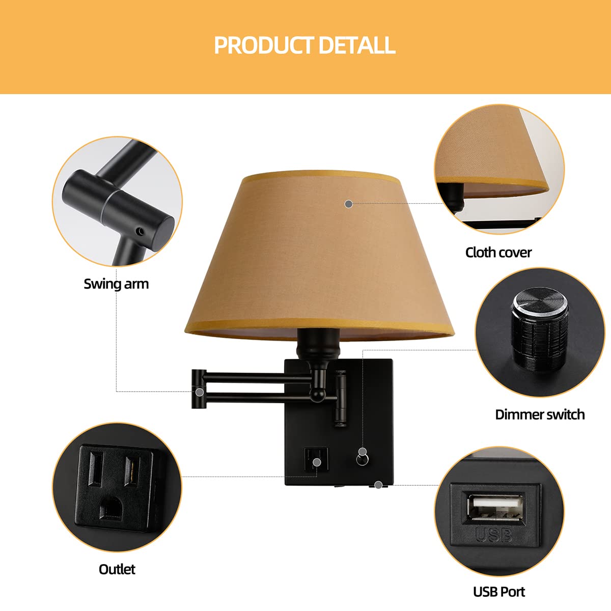Swing Arm Wall Sconces, Plug-In Wall Lamp,Bedroom Wall Lamp , White Fabric Shade With Dimmable Switch And Usb Charging Port,Suitable For Bedside,Living Room,Reading (Black. Gold Shadow)