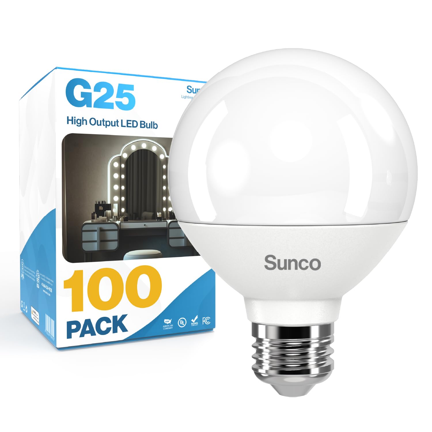 Sunco 100 Pack G25 LED Light Bulbs, Globe Vanity Lights for Bathroom High Output, 1000 LM, 11W (100W Equivalent), 2700K Soft Whi