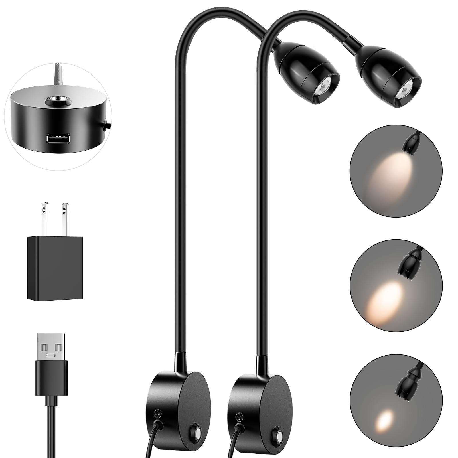ERAY Wall Mounted LED Reading Light, 15in Flexible Gooseneck, Dimmable Warm Light, Touch Control, 2 Pack, Aluminum, Model E271-2