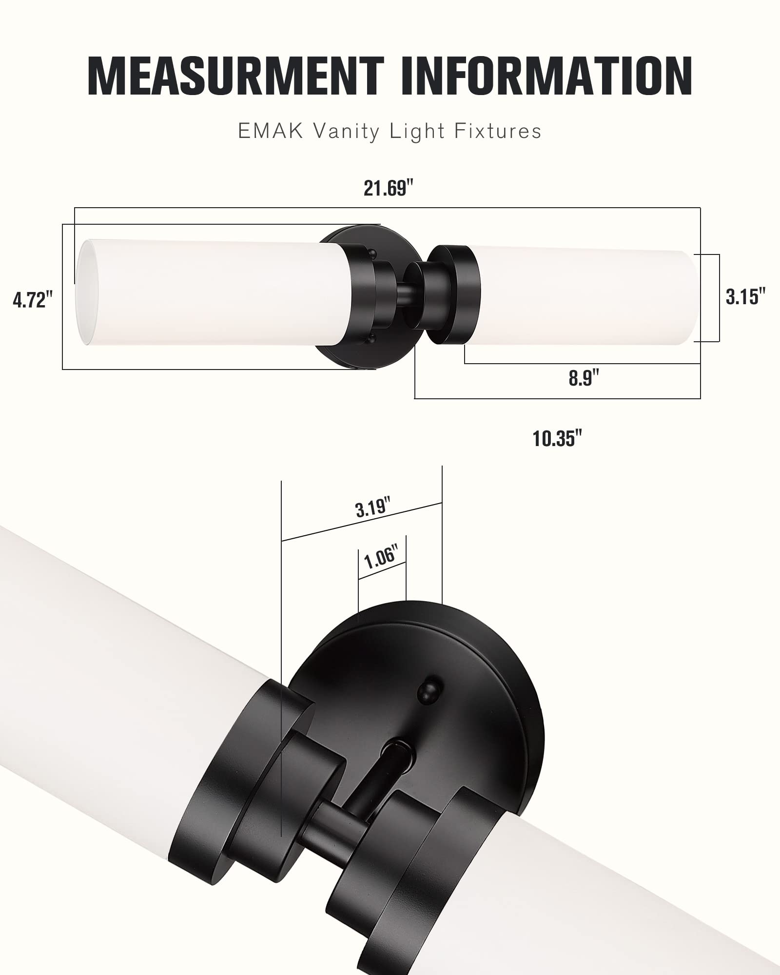 Emak 2 Light Black Vanity Lights For Bathroom, 22 Inch Bathroom Light Fixtures Modern Wall Sconces With Milk Glass Shade For Bat