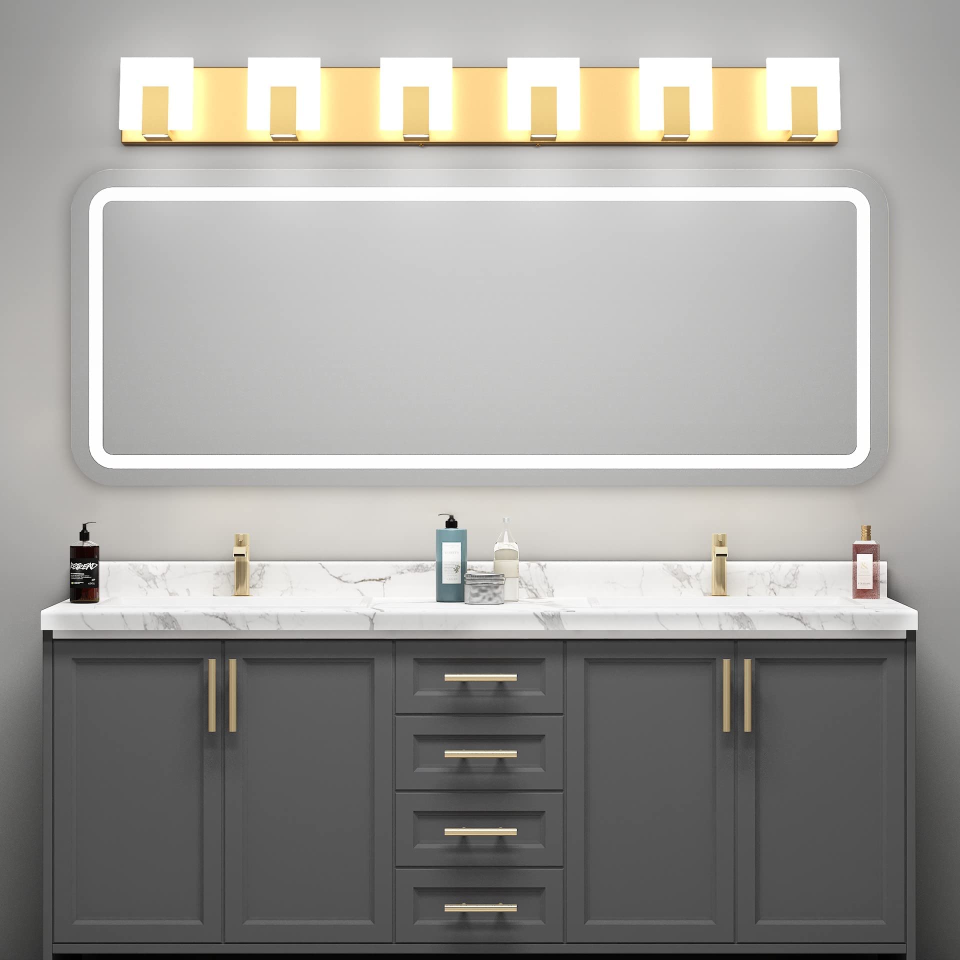 Aipsun Gold LED Vanity Light Fixtures, 6 Lights, Aluminum, Model GW-1105, Up and Down Bathroom Wall Lighting