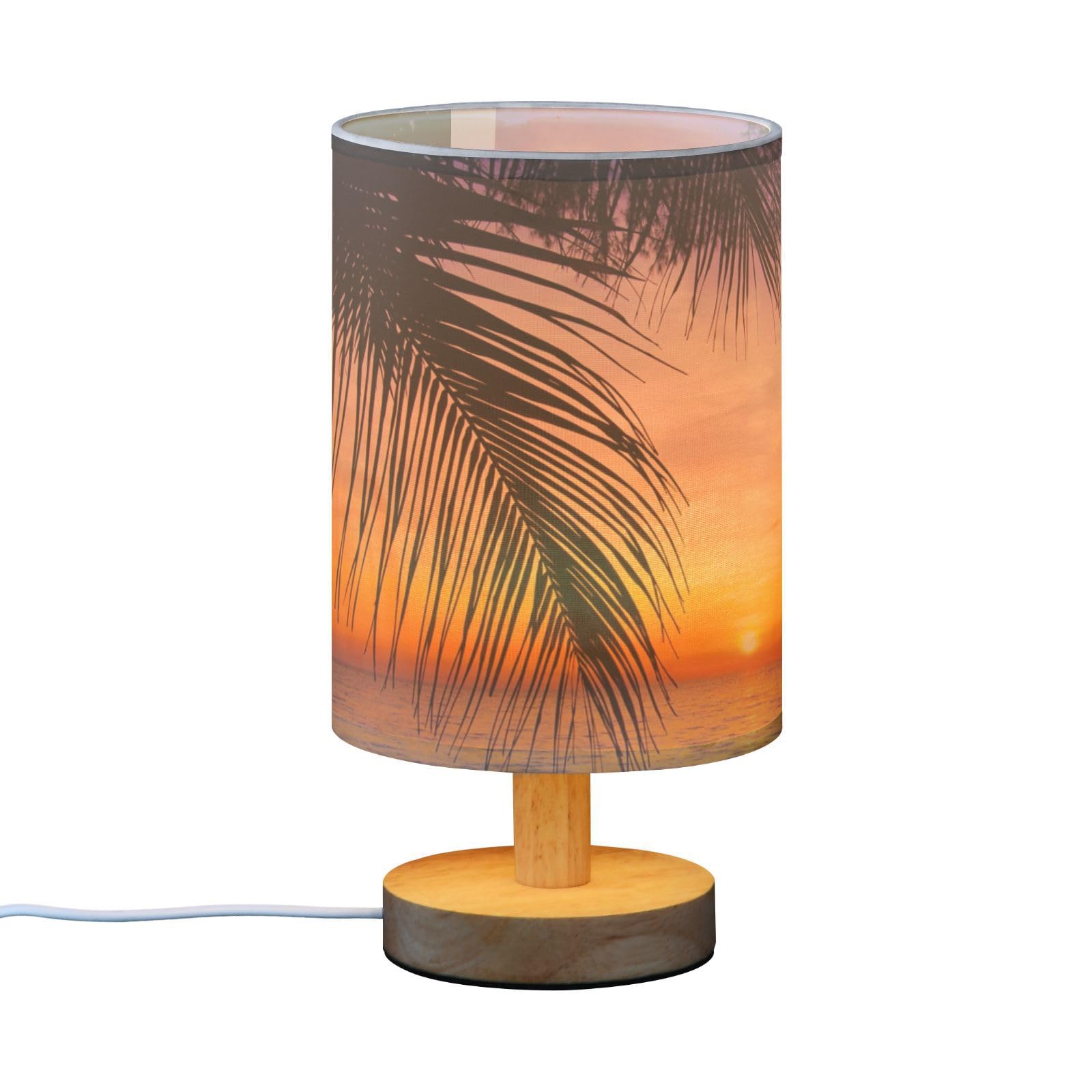 Yyzzh Table Lamp Sunset Ocean Palm Tree Tropical Summer Nightstand Lamp With Wood Base Fabric Lamp Shade Bedside Desk Lamp For L