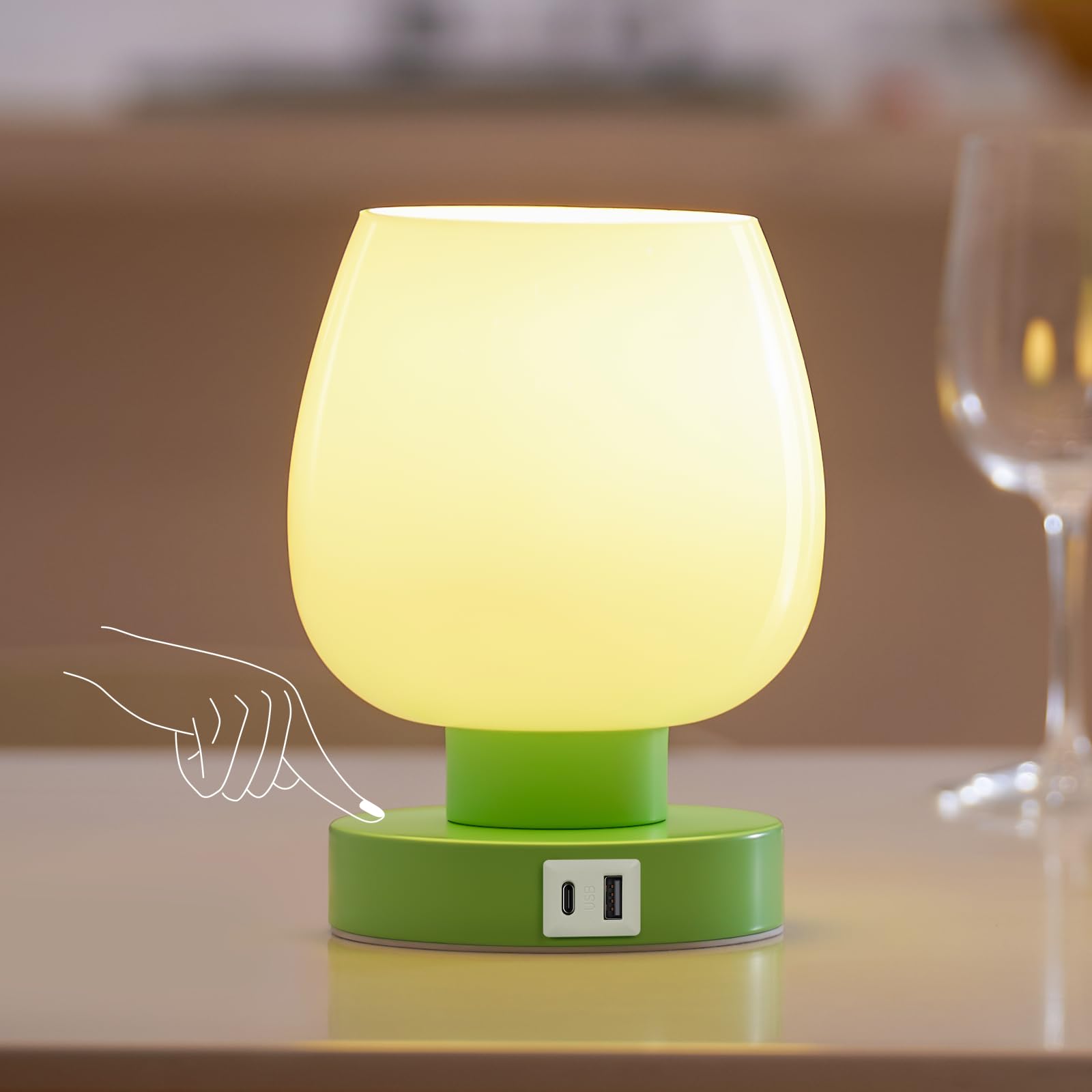 Touch Bedside Table Lamp With Usb Charging - Modern Green Small Lamp For Bedroom Living Room Nightstand, Desk Lamp With Glass La