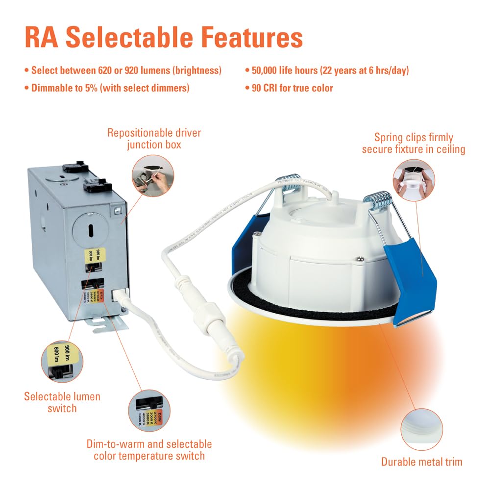 HALO 4-Inch Canless LED Recessed Downlight, Adjustable Gimbal, Selectable Lumens & Color, Dim-to-Warm, White, Model RA4LS9FSD2