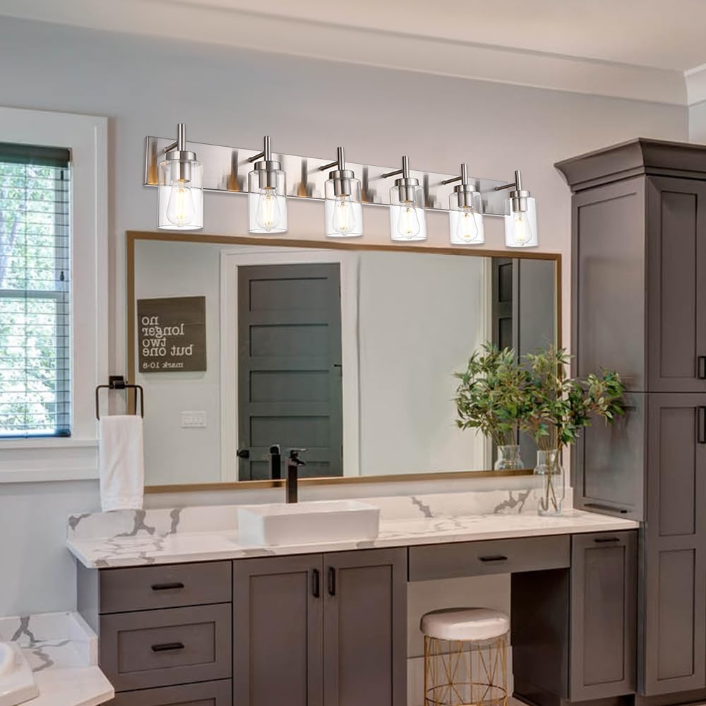 Vinluz Bathroom Vanity Light Fixture Brushed Nickel With Clear Glass 6-Light Modern Wall Lighting Industrial Indoor Sconces Wall