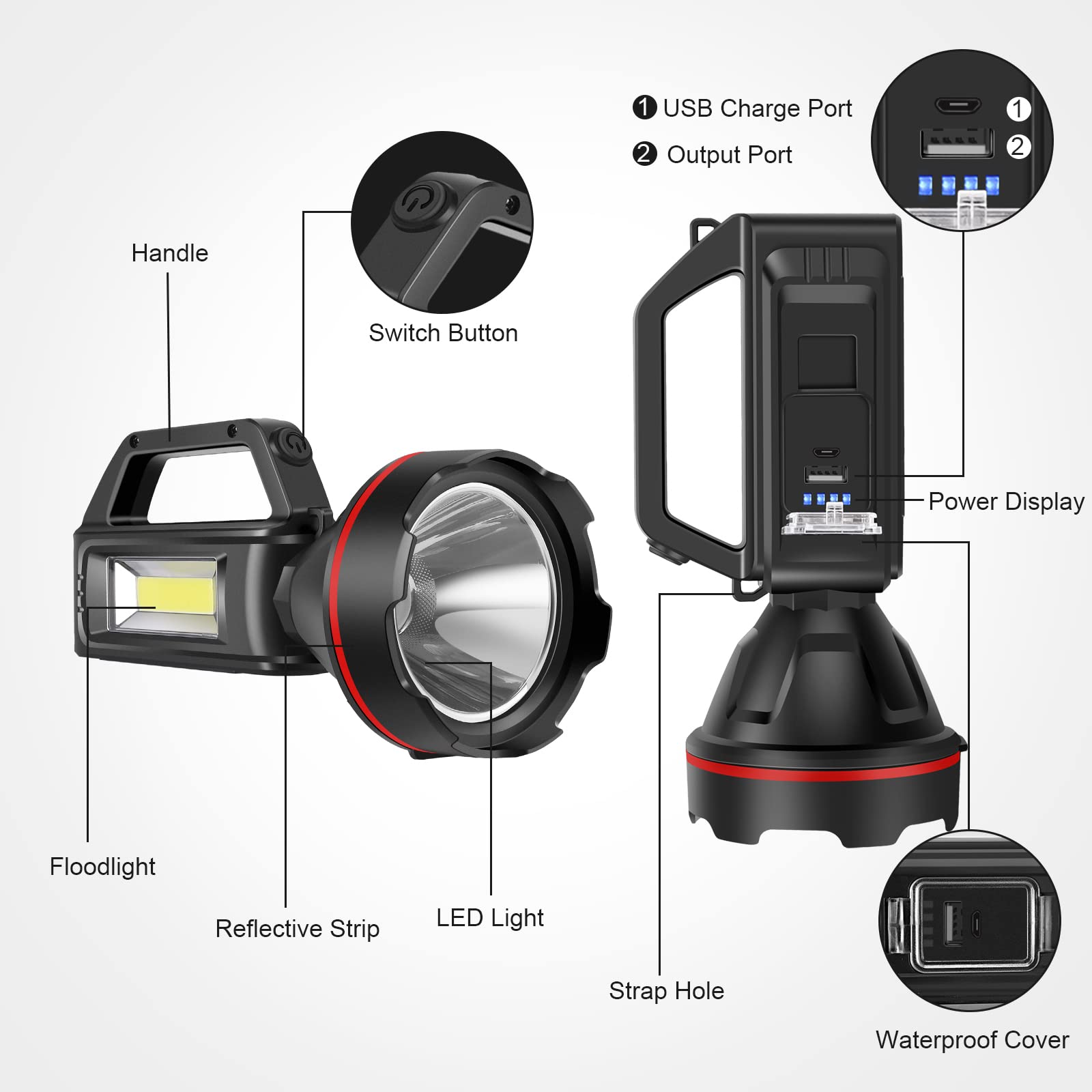 Rechargeable Spotlight Flashlight, High Lumens Handheld Spotlight,Led Searchlight With Shoulder Strap And Usb Output For During